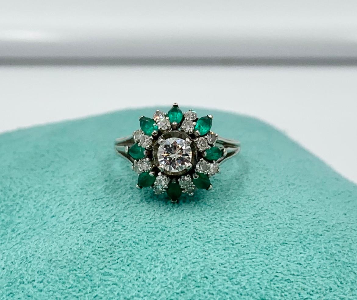 Contemporary Emerald Diamond Ring 14 Karat White Gold Antique Estate