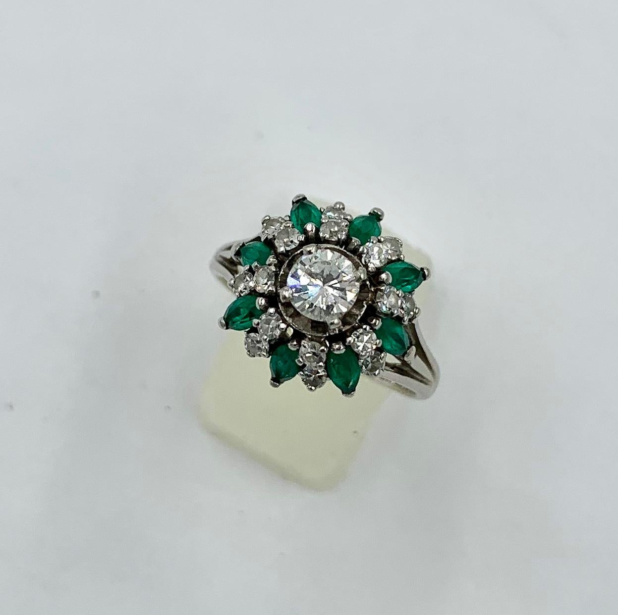 Round Cut Emerald Diamond Ring 14 Karat White Gold Antique Estate
