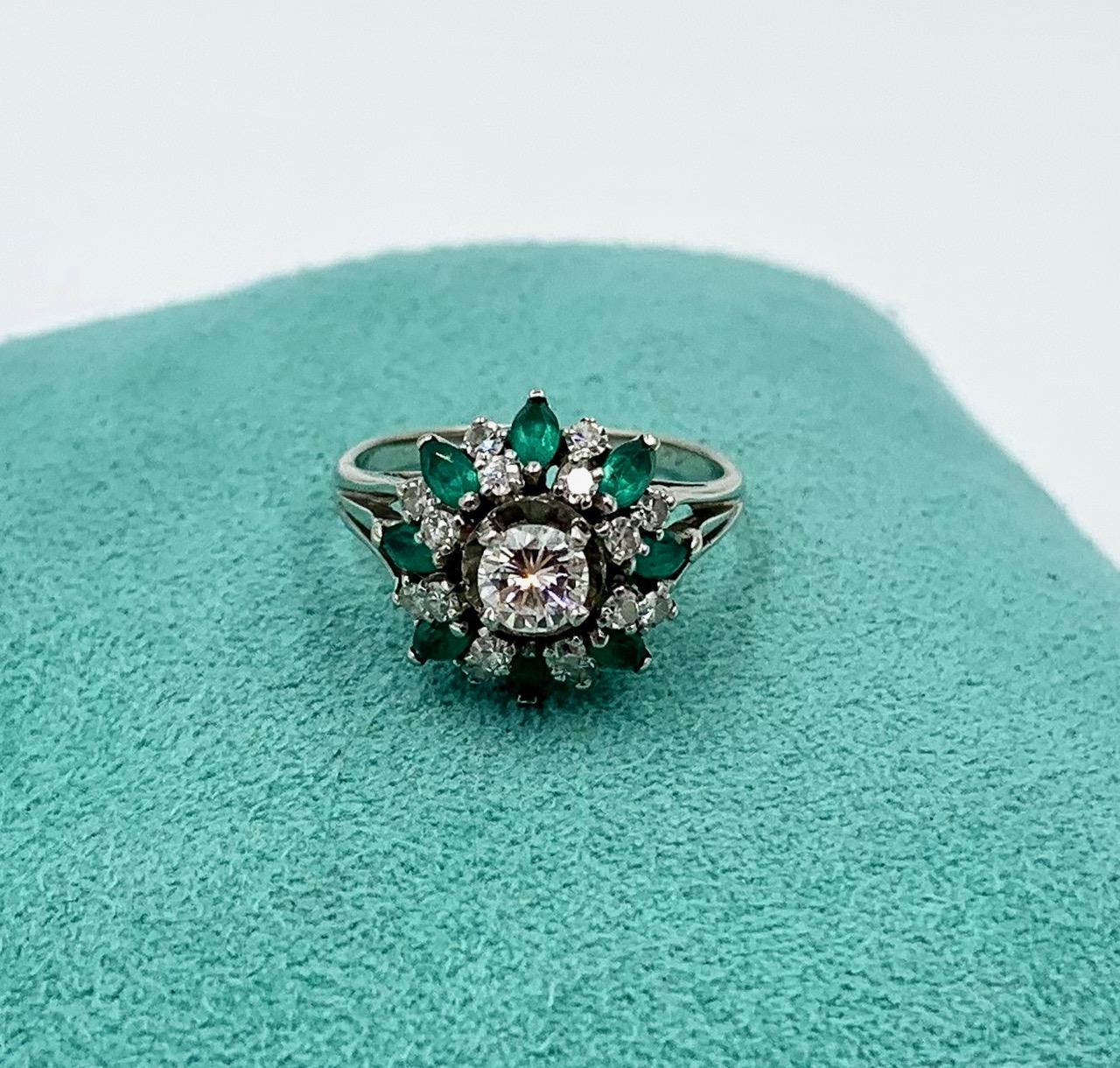 Women's Emerald Diamond Ring 14 Karat White Gold Antique Estate