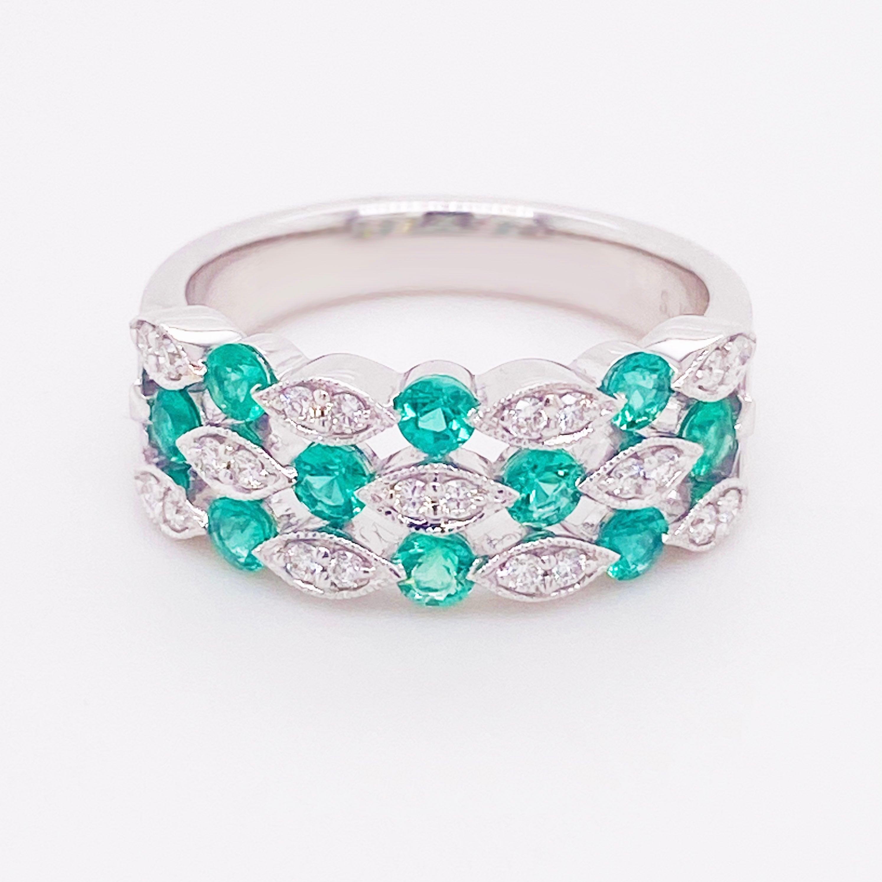 For Sale:  Emerald Diamond Ring, 14 Karat White Gold, Three Row Band, Fashion Band 3