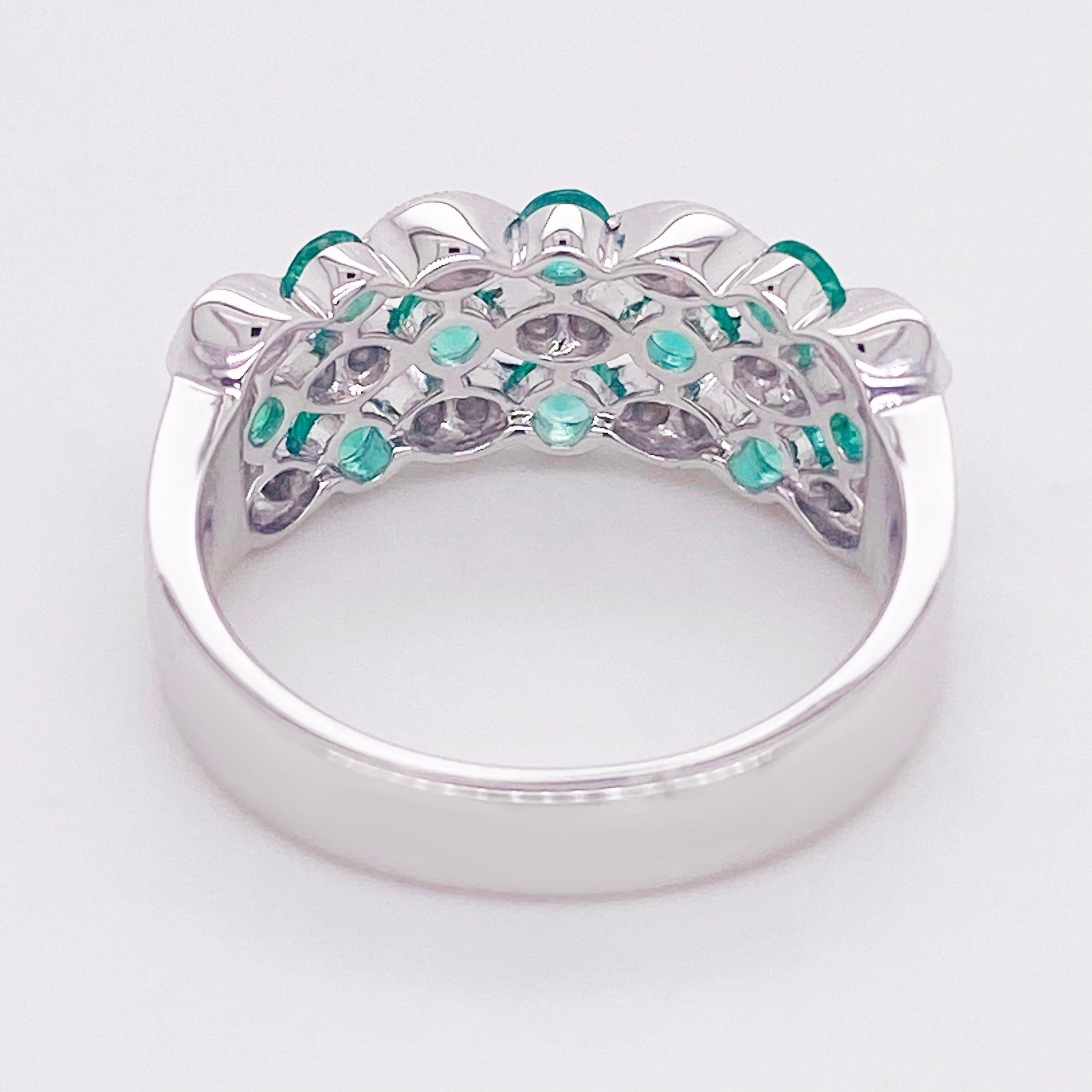 For Sale:  Emerald Diamond Ring, 14 Karat White Gold, Three Row Band, Fashion Band 5