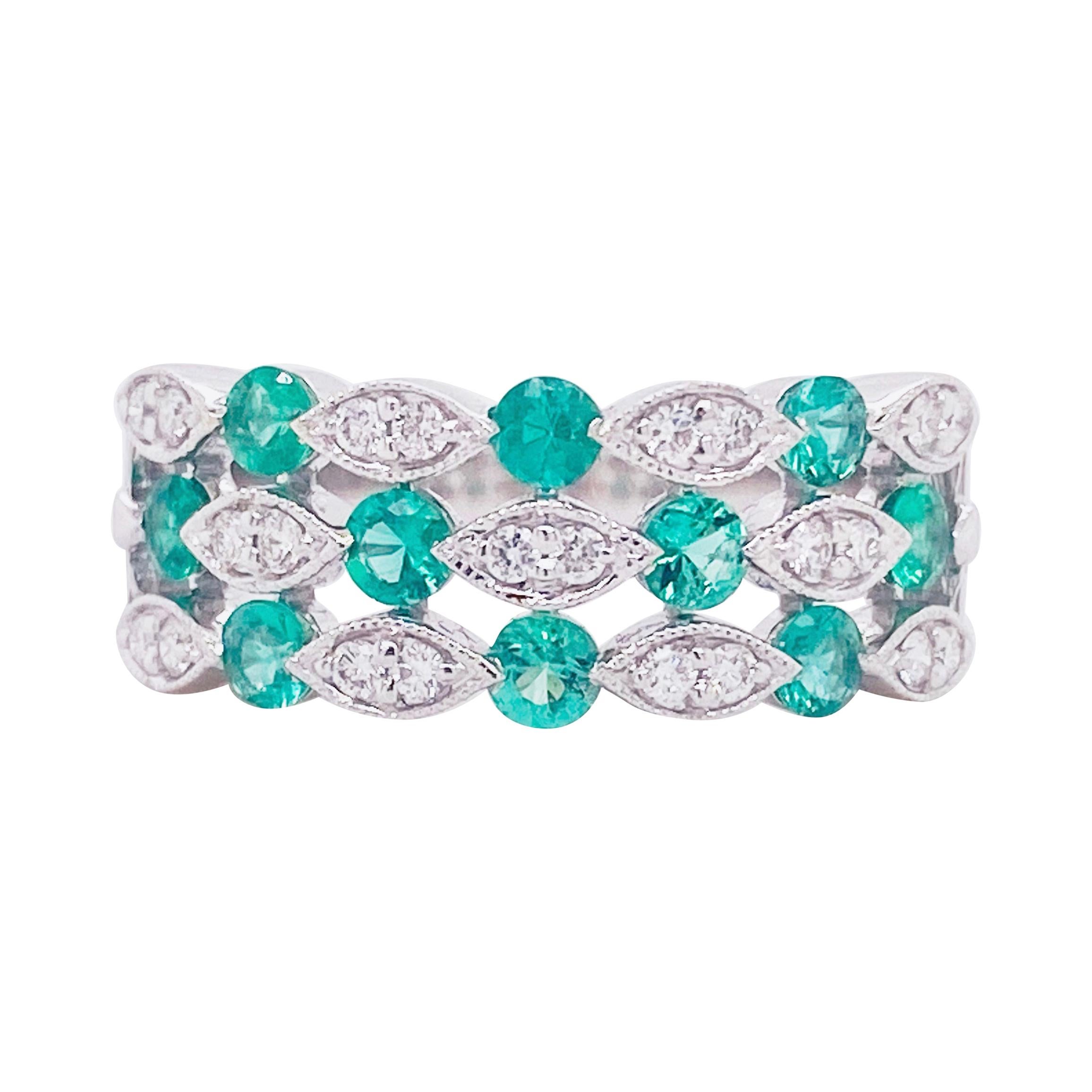 Emerald Diamond Ring, 14 Karat White Gold, Three Row Band, Fashion Band