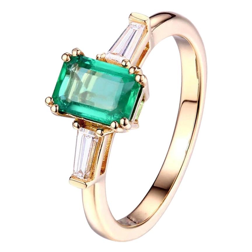 Emerald Diamond Ring 14 Karat Yellow Gold For Sale