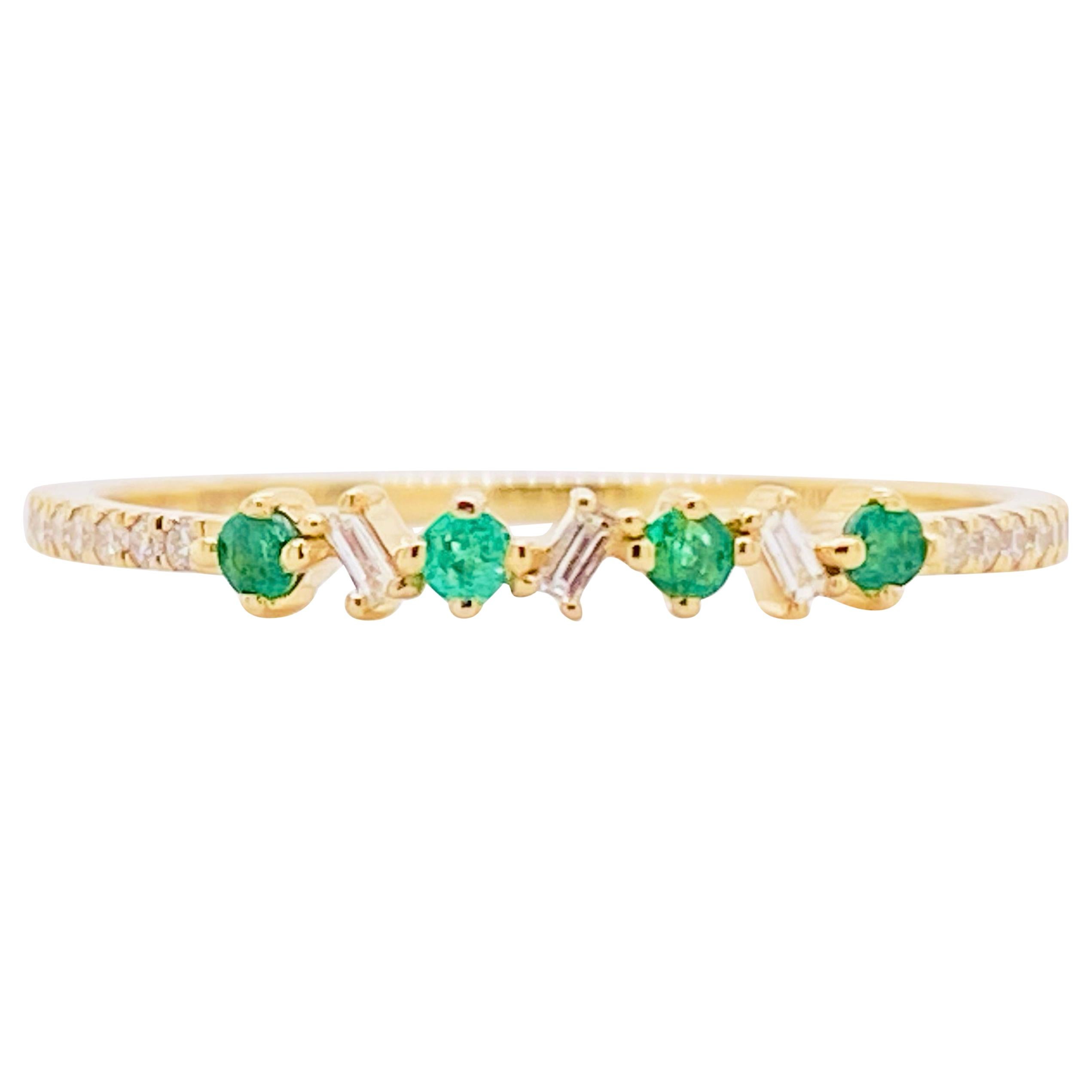 Anillo de Diamantes Esmeralda, Oro de 14 Kilates, Esmeralda Redonda Baguette Diamante Banda Stack