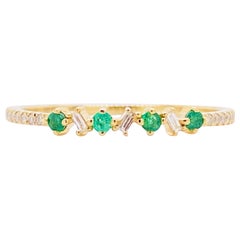 Emerald Diamond Ring, 14 Karat Gold, Round Emerald Baguette Diamond Band Stack
