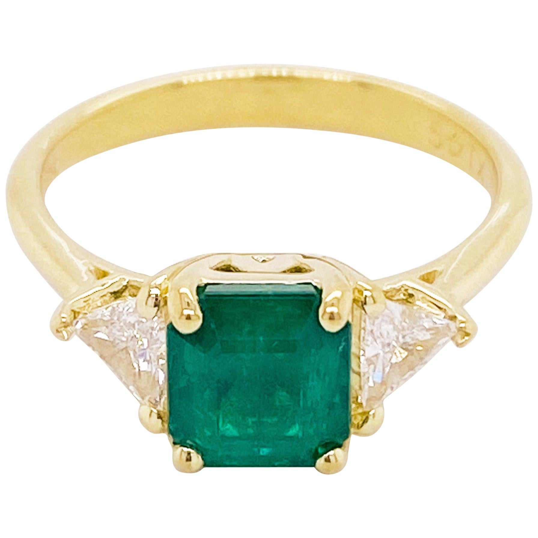 Emerald Diamond Ring, 18 Karat Gold, Three-Stone Gem Engagement For Sale