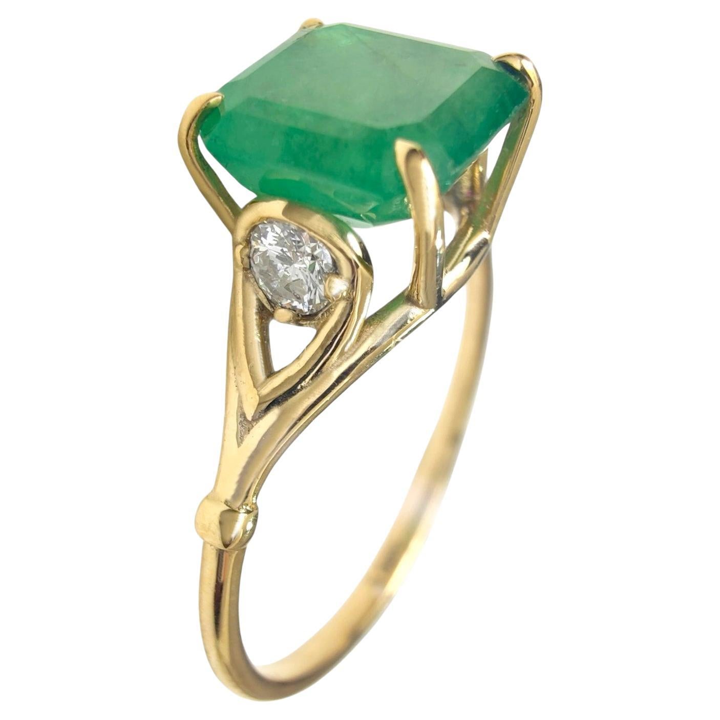 Emerald Diamond Ring 18k Yellow Gold Women's Engagement Gift for Her