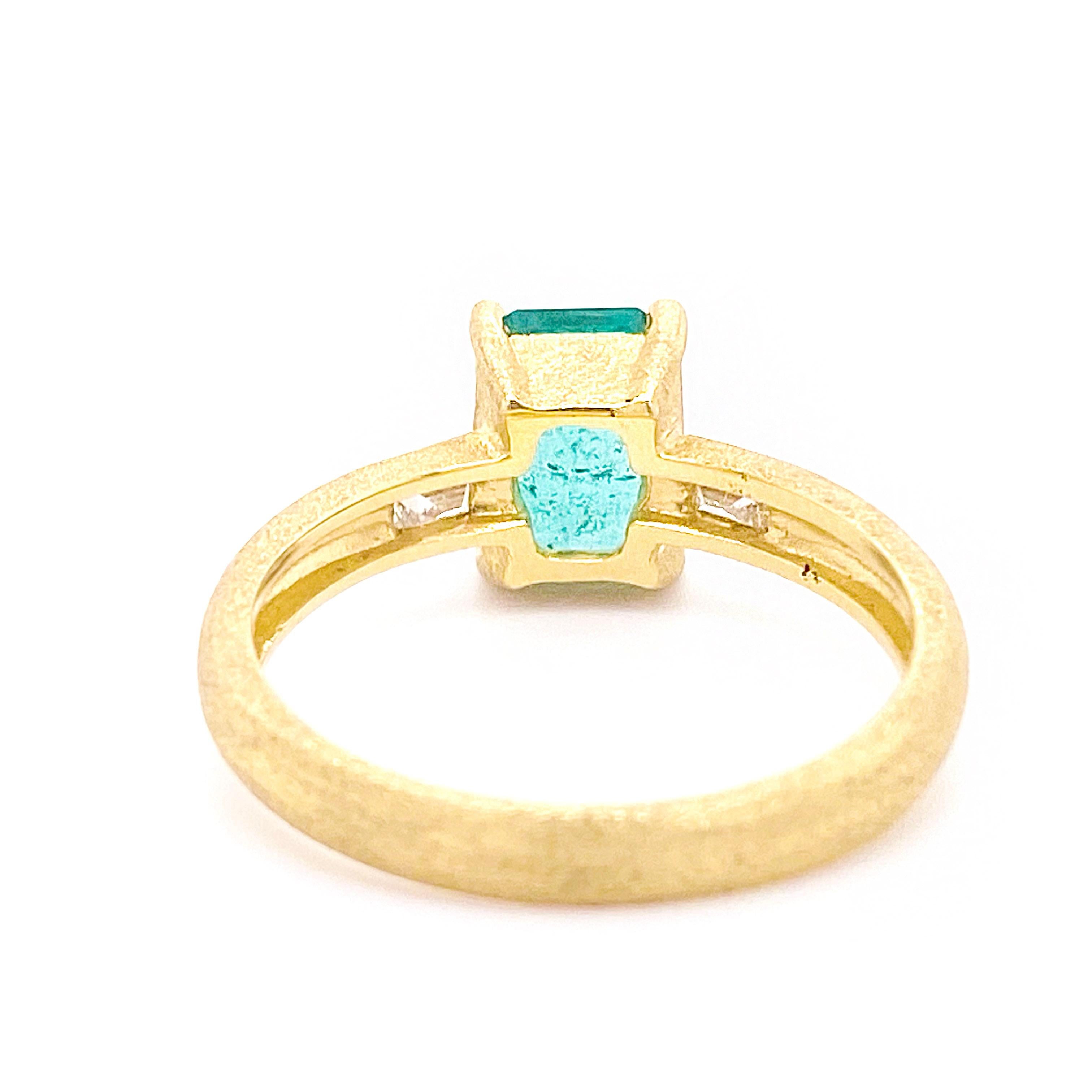Emerald Cut Emerald Diamond Ring, 3 Stone Emerald & Diamond Ring in 18K Gold For Sale