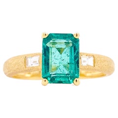 Emerald Diamond Ring, 3 Stone Emerald & Diamond Ring in 18K Gold