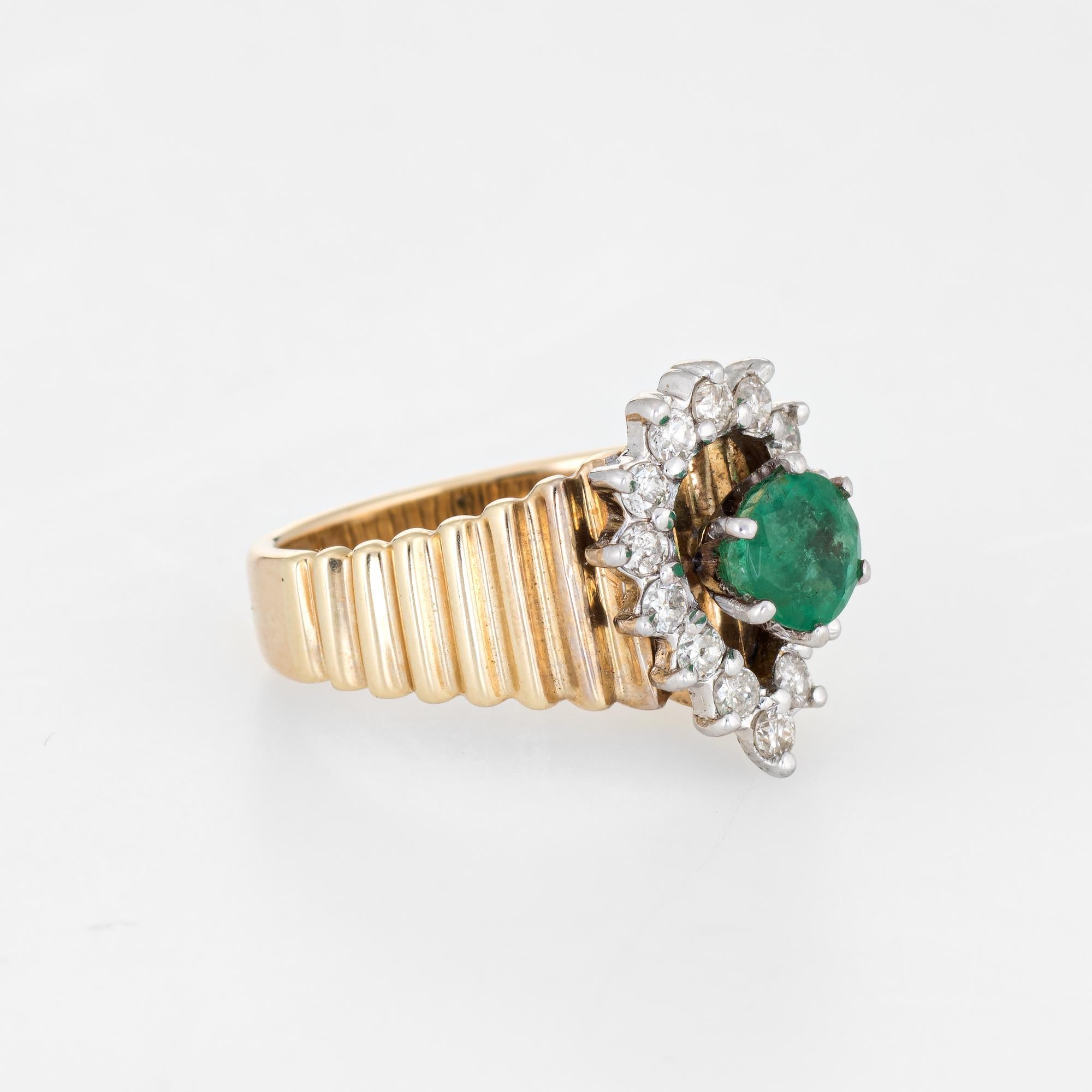 Modern Emerald Diamond Ring 1970s Vintage 14 Karat Yellow Gold Pear Estate Fine Jewelry