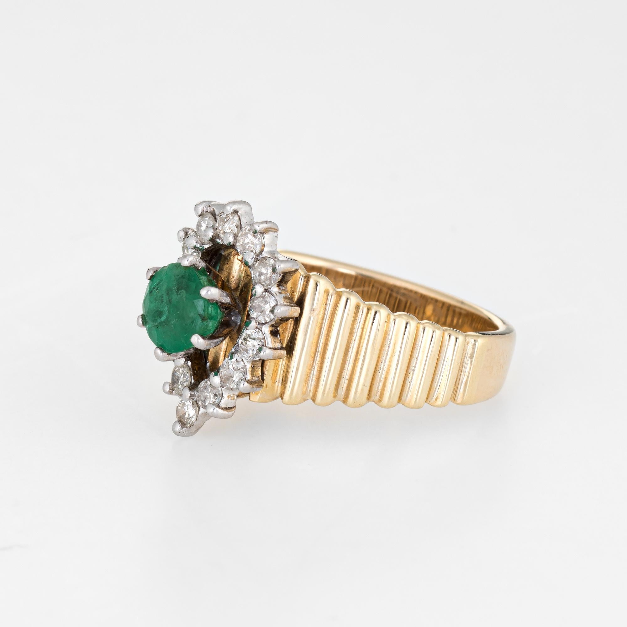 Round Cut Emerald Diamond Ring 1970s Vintage 14 Karat Yellow Gold Pear Estate Fine Jewelry