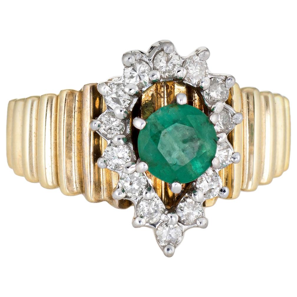 Emerald Diamond Ring 1970s Vintage 14 Karat Yellow Gold Pear Estate Fine Jewelry