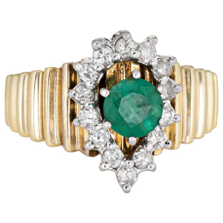 Emerald Diamond Ring 1970s Vintage 14 Karat Yellow Gold Pear Estate ...