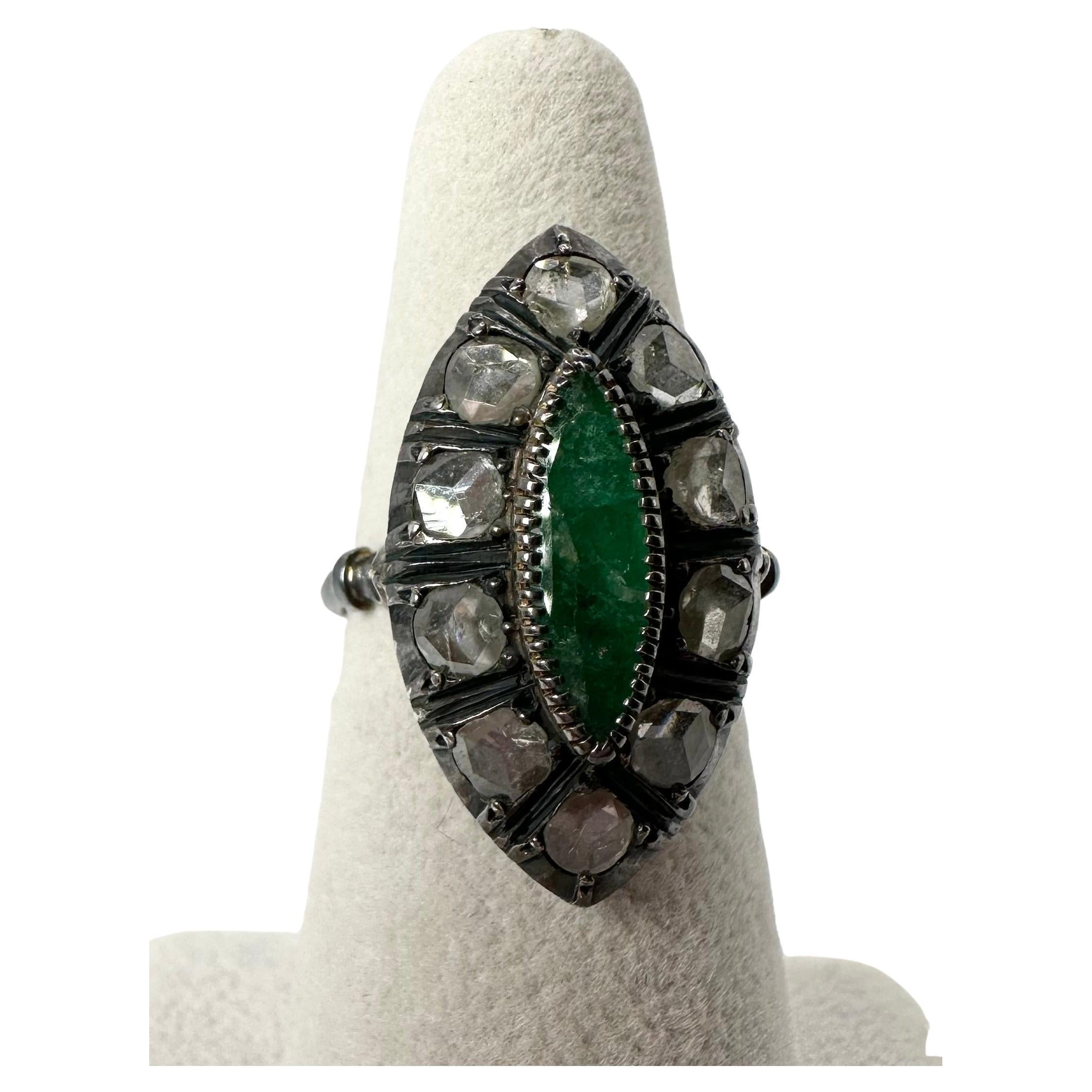Emerald Diamond Ring Antique Vintage Style Diamond Ring Black Gold Diamond Ring