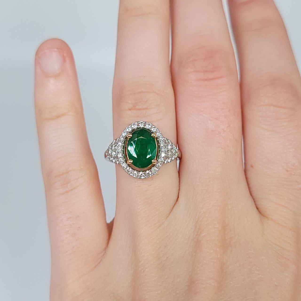 

GRAM WEIGHT: 4.10gr
GOLD: 14KT yellow gold

NATURAL DIAMOND(S)
Cut: Round Brilliant
Color: G-H 
Clarity: SI (average)
Carat: 0.61ct

NATURAL EMERALD(S)
Cut: Oval 
Color: Green
Clarity: Moderately Included (normal for natural gemstones and common