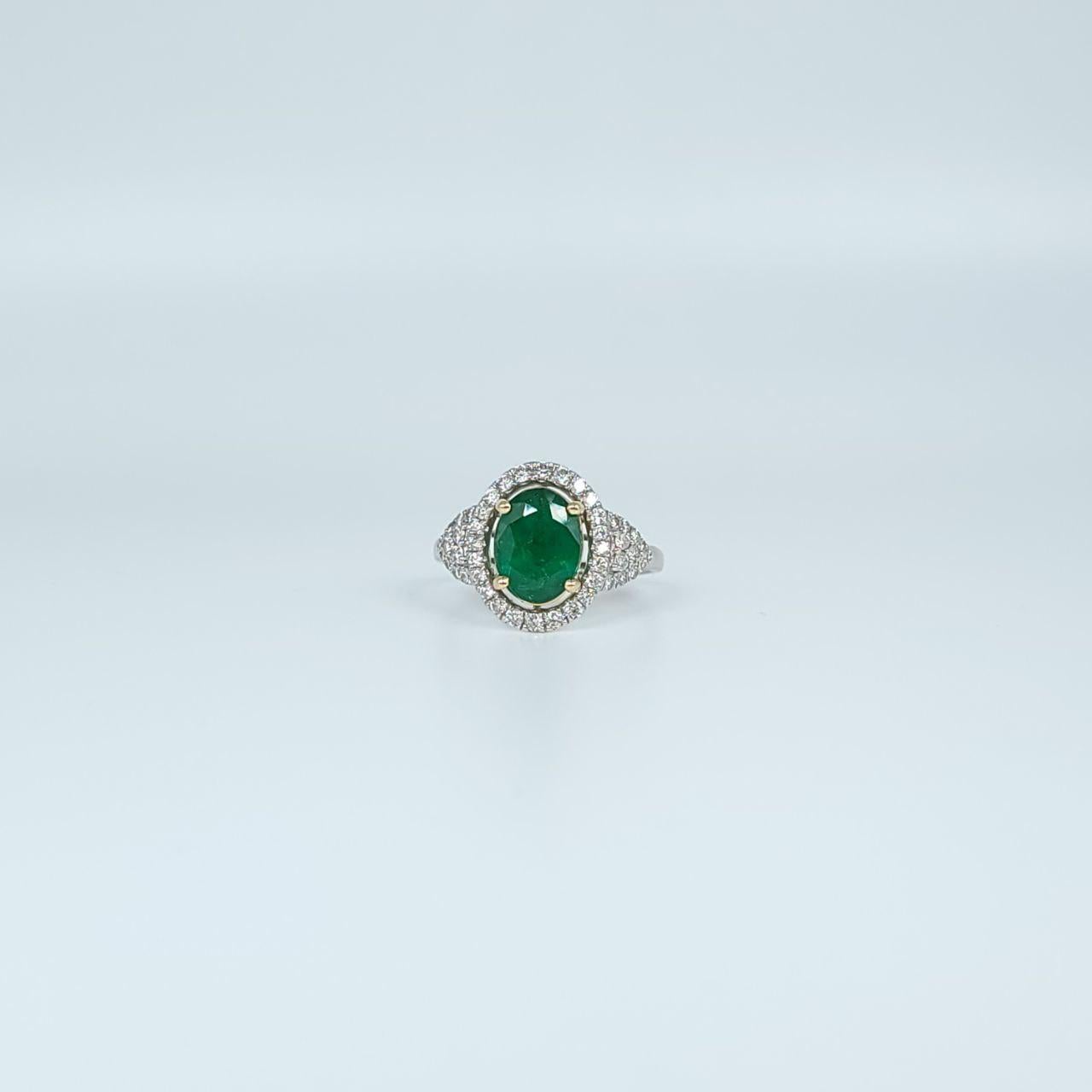 Round Cut Emerald Diamond Ring Cocktail Diamond Ring with Large Brazilian Emerald For Sale