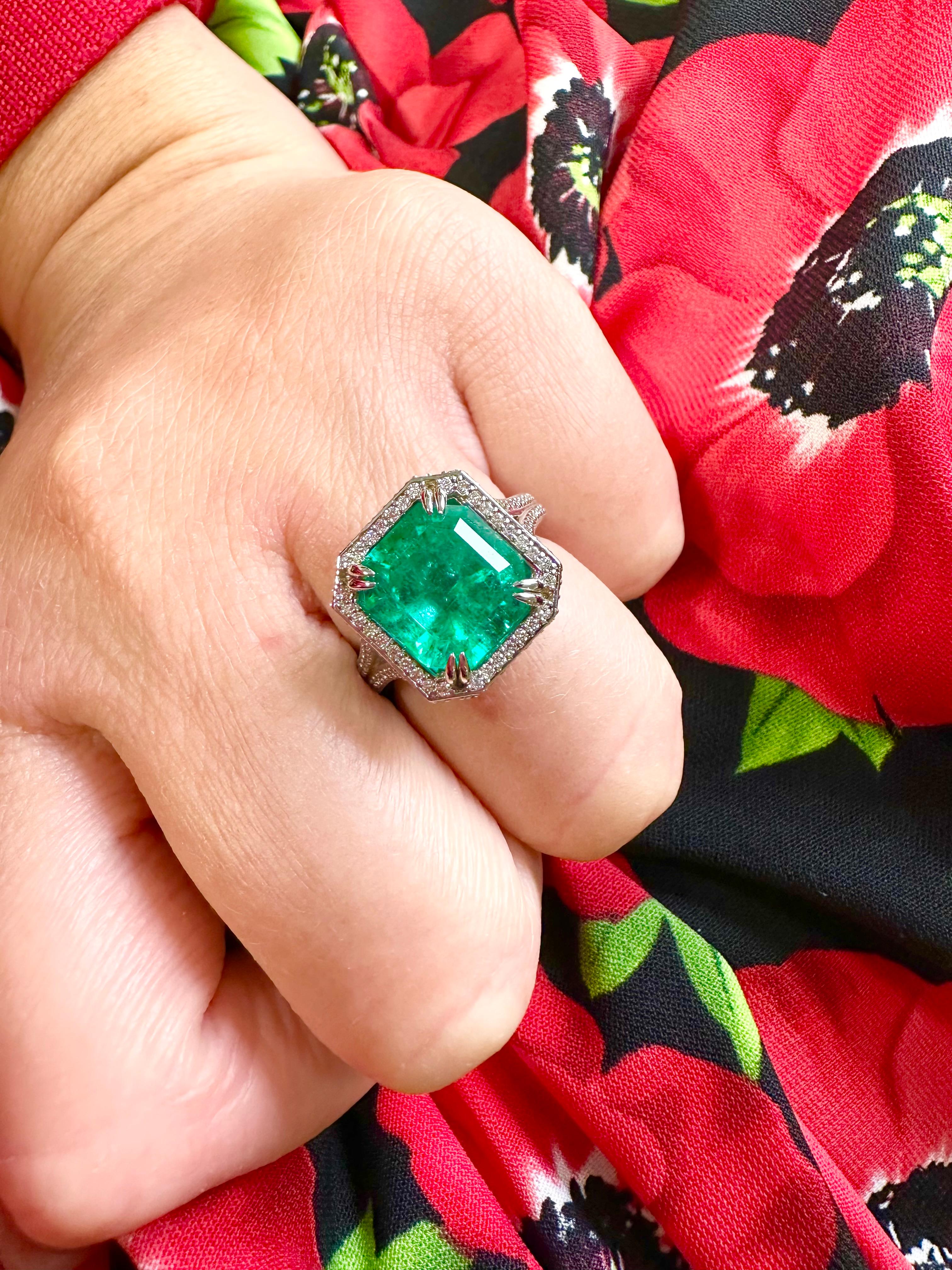 Square Cut Emerald Diamond Ring Engagement Ring 18kt White Gold Rare Colombian Gia Emerald For Sale