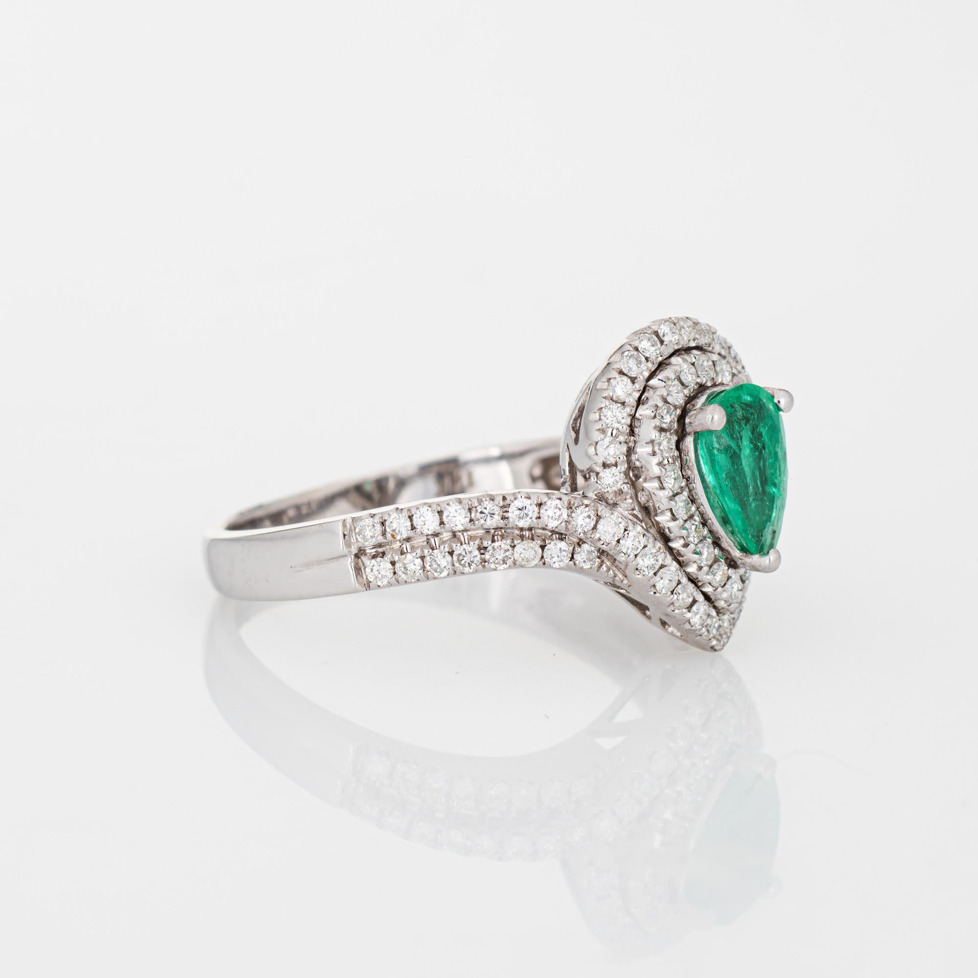 Contemporary Emerald Diamond Ring Estate 14k White Gold Pear Halo Fine Jewelry For Sale