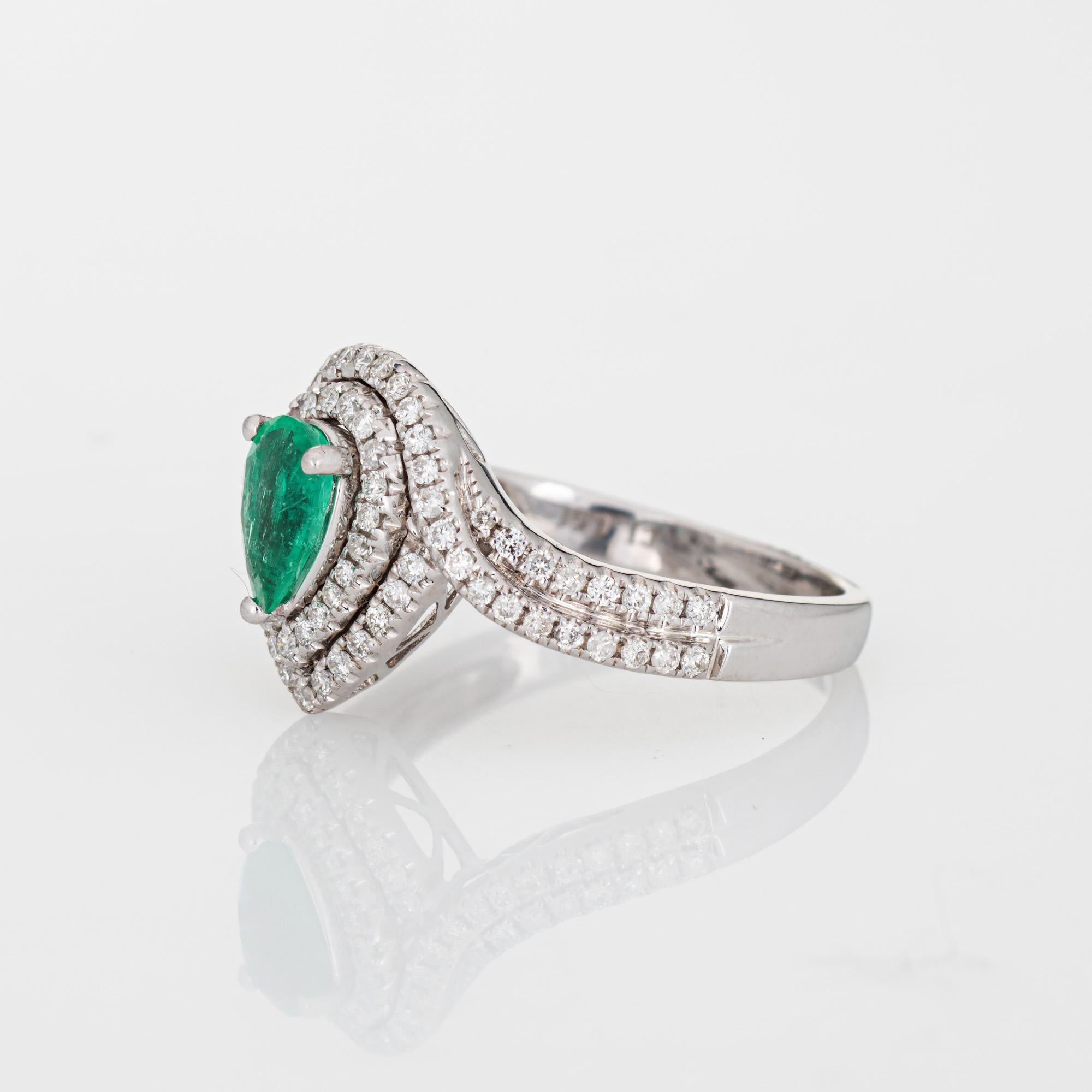Pear Cut Emerald Diamond Ring Estate 14k White Gold Pear Halo Fine Jewelry For Sale