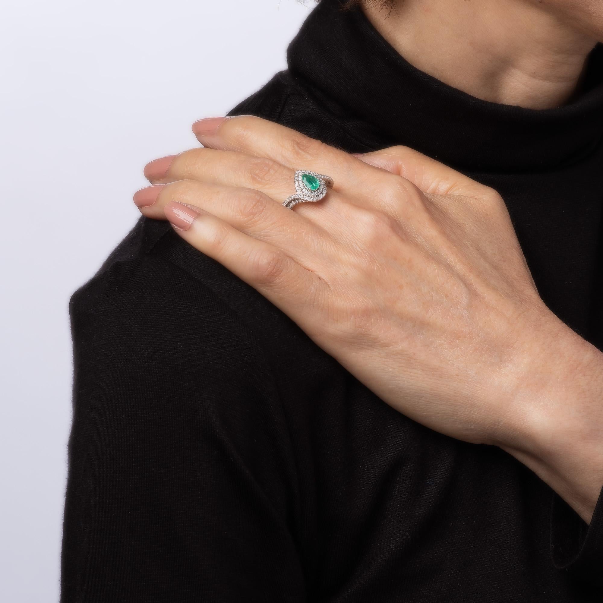 Women's Emerald Diamond Ring Estate 14k White Gold Pear Halo Fine Jewelry For Sale