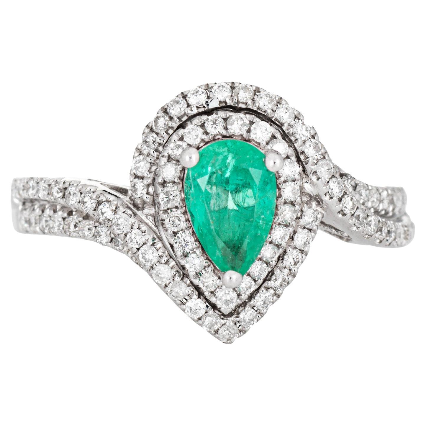 Emerald Diamond Ring Estate 14k White Gold Pear Halo Fine Jewelry For Sale