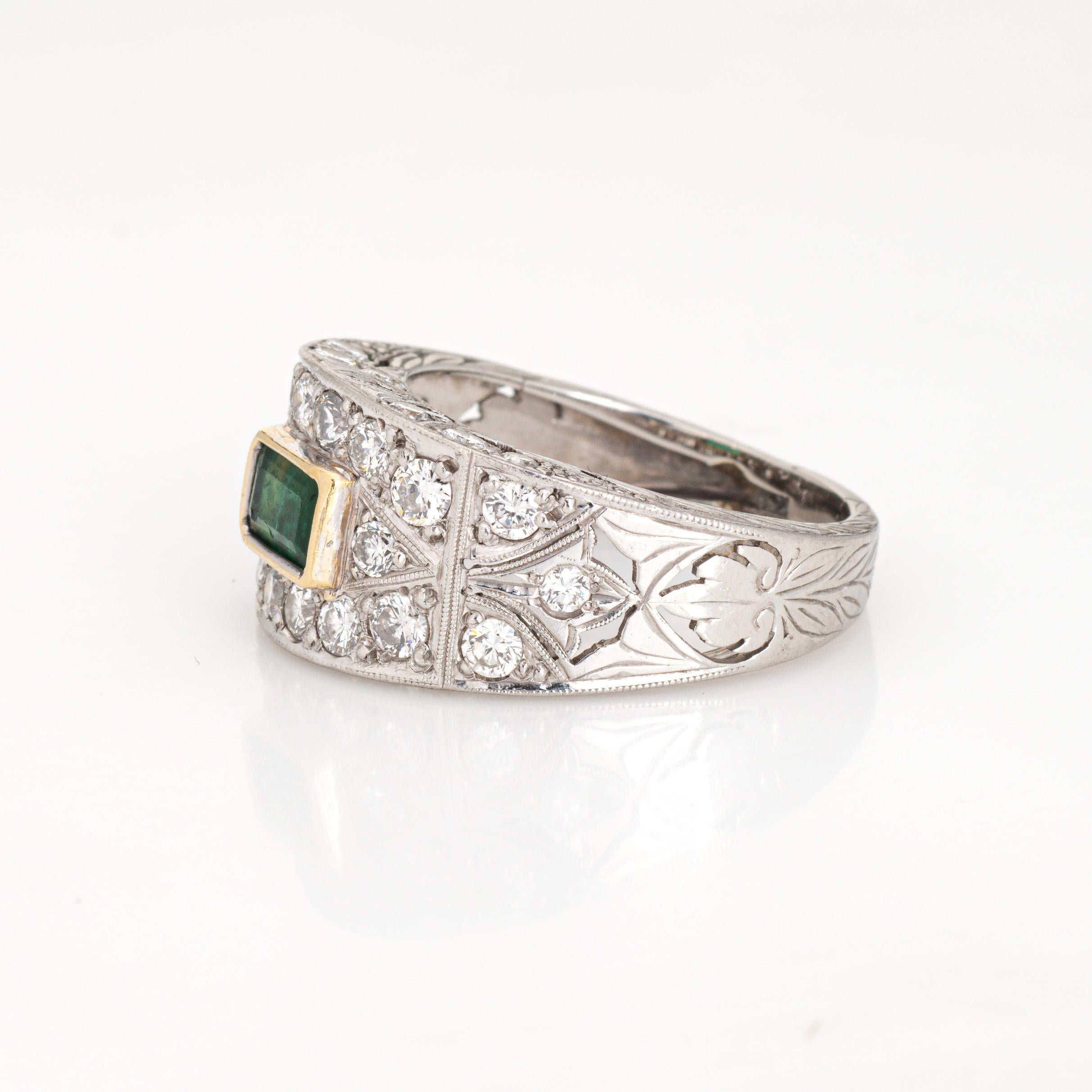 Emerald Cut Emerald Diamond Ring Estate Etched Platinum Wide Band Sz 7.5 Estate Jewelry For Sale