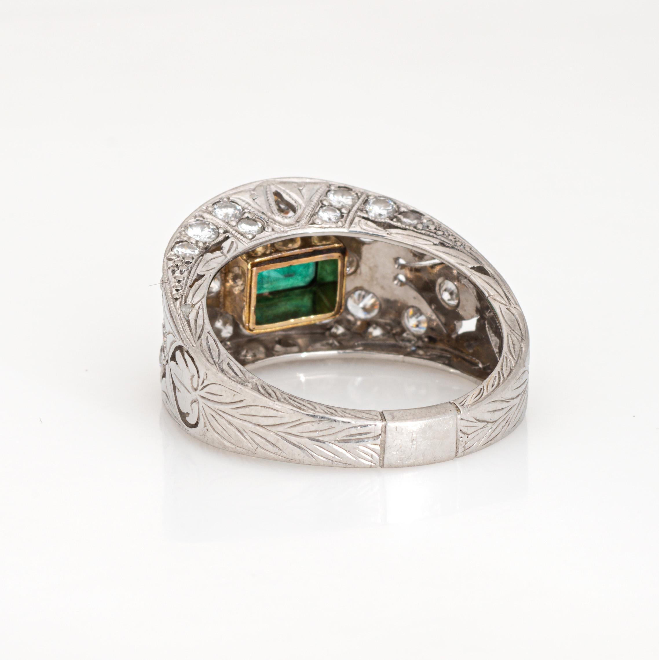 Emerald Diamond Ring Estate Etched Platinum Wide Band Sz 7.5 Estate Jewelry In Good Condition For Sale In Torrance, CA