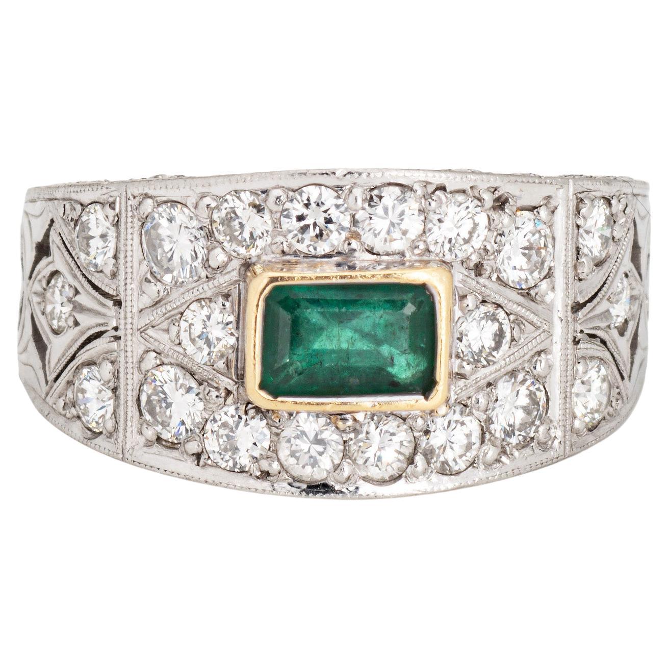 Emerald Diamond Ring Estate Etched Platinum Wide Band Sz 7.5 Estate Jewelry