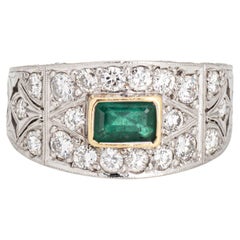 Retro Emerald Diamond Ring Estate Etched Platinum Wide Band Sz 7.5 Estate Jewelry