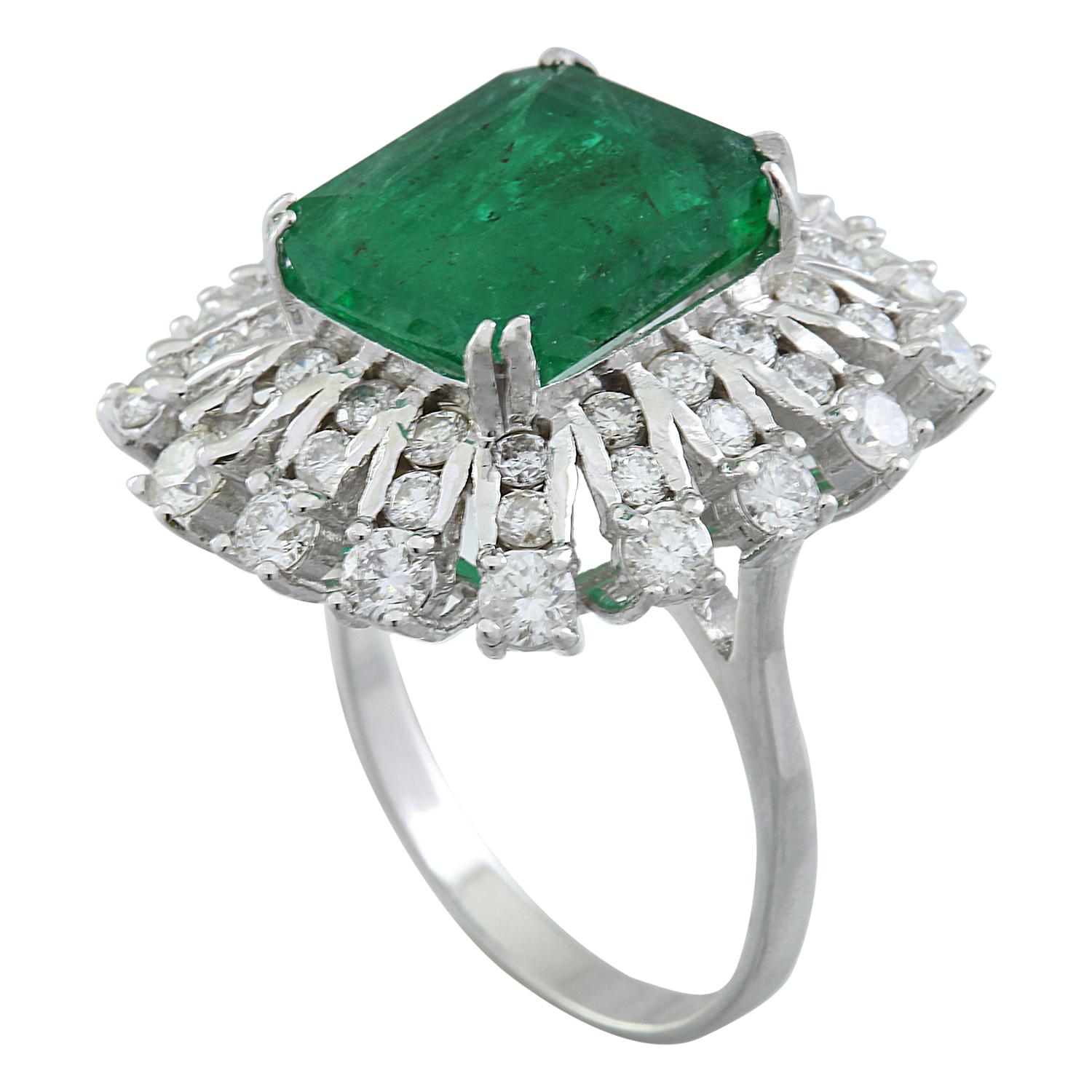 7.60 Carat Natural Emerald 14 Karat Solid White Gold Diamond Ring
Stamped: 14K 
Ring Size: 7
Total Ring Weight: 8.5 Grams
Emerald Weight: 5.60 Carat (12.00x10.00 Millimeter) 
Diamond Weight: 2.00 Carat (F-G Color, VS2-SI1 Clarity)
Quantity: 48
Face