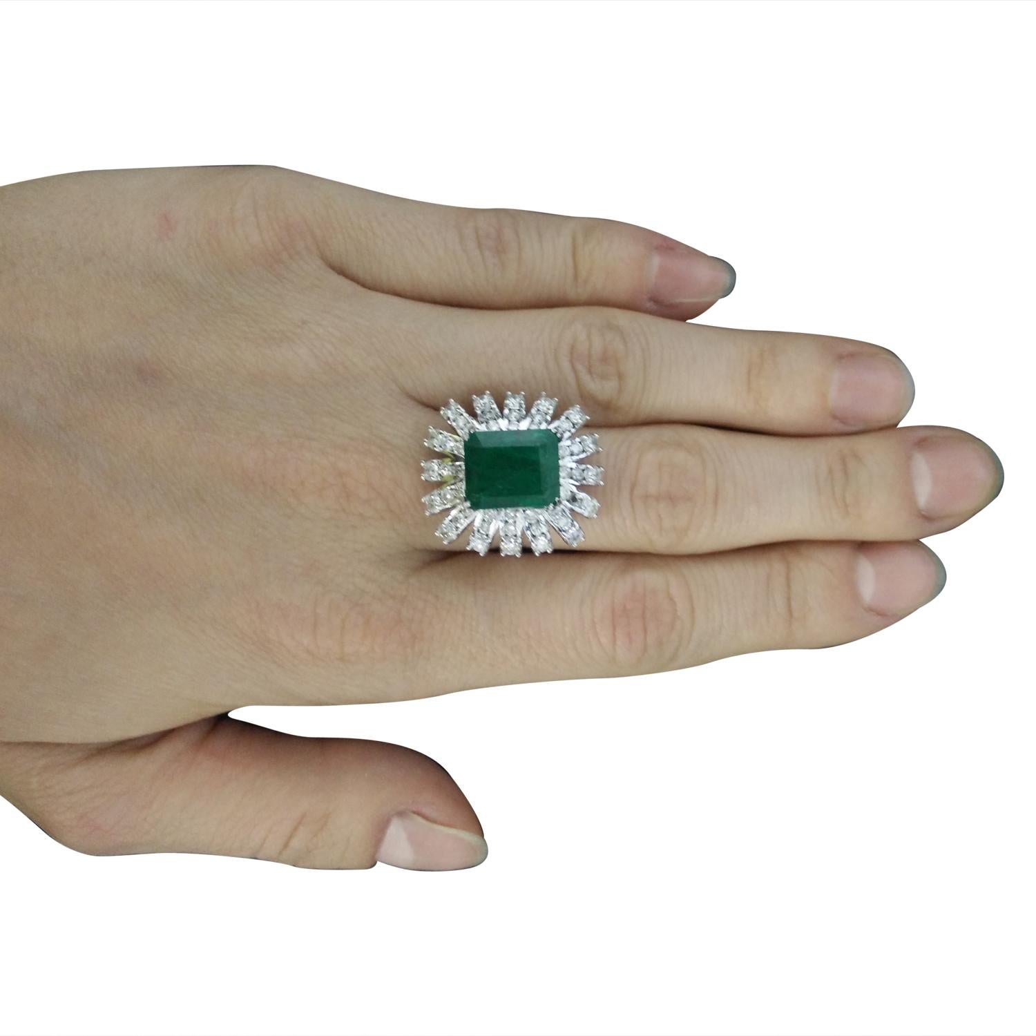 Women's Emerald Diamond Ring In 14 Karat White Gold For Sale