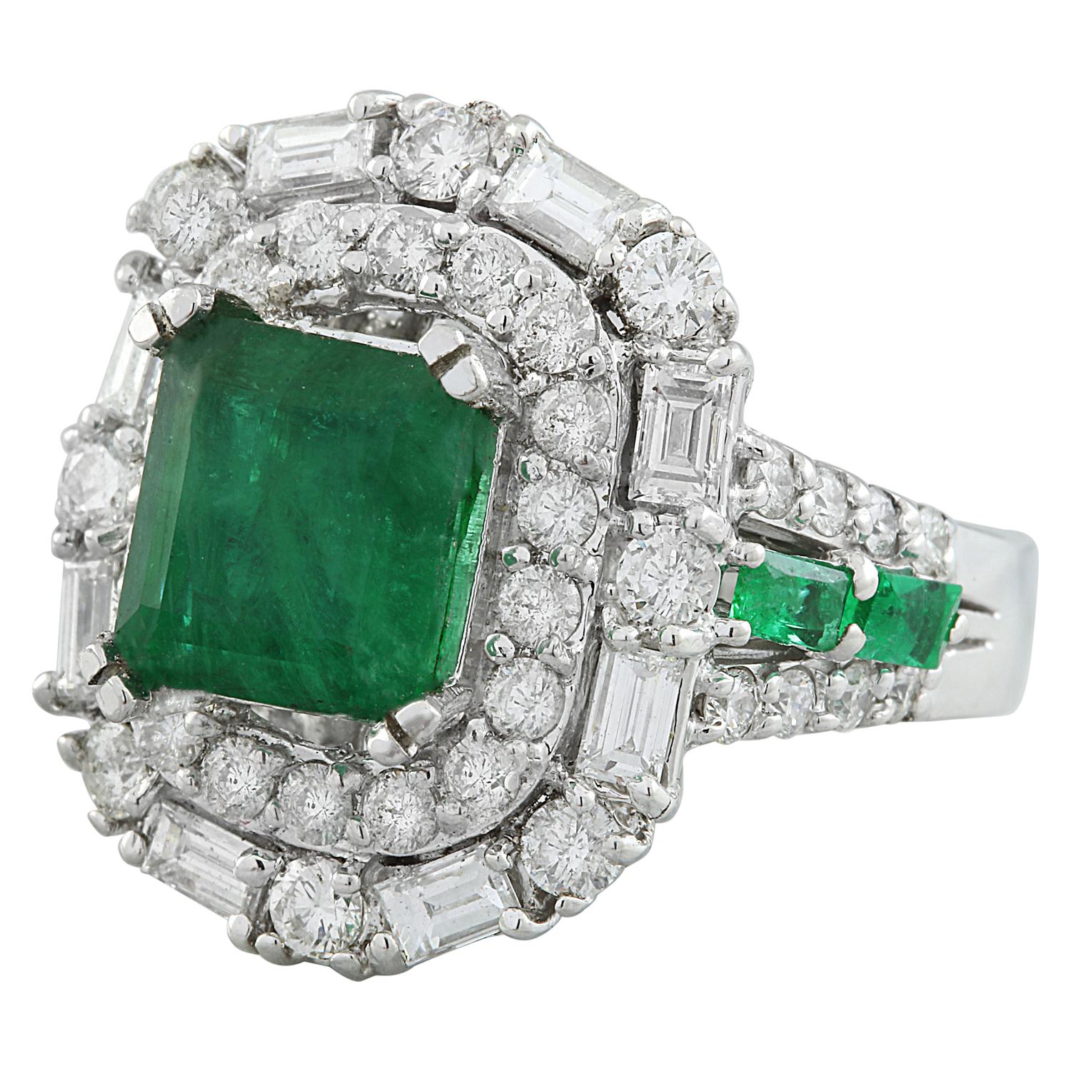 Women's Emerald Diamond Ring In 14 Karat White Gold For Sale