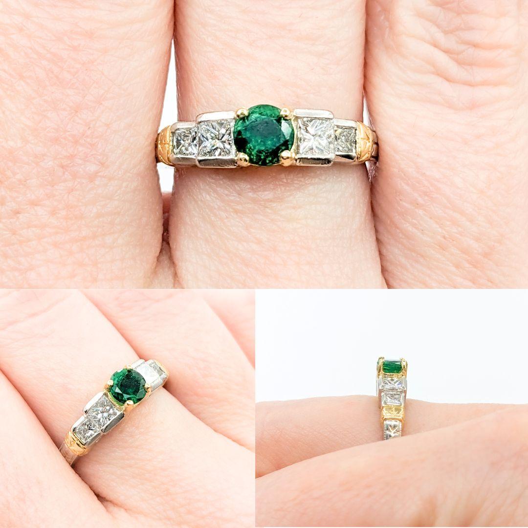 Emerald & Diamond Ring in 18kt Yellow Gold and Platinum

Introducing this exquisite ring, masterfully crafted from 18kt gold and platinum. At the heart of the design lies a stunning 0.52ct emerald, a gemstone revered for its rich green hue that