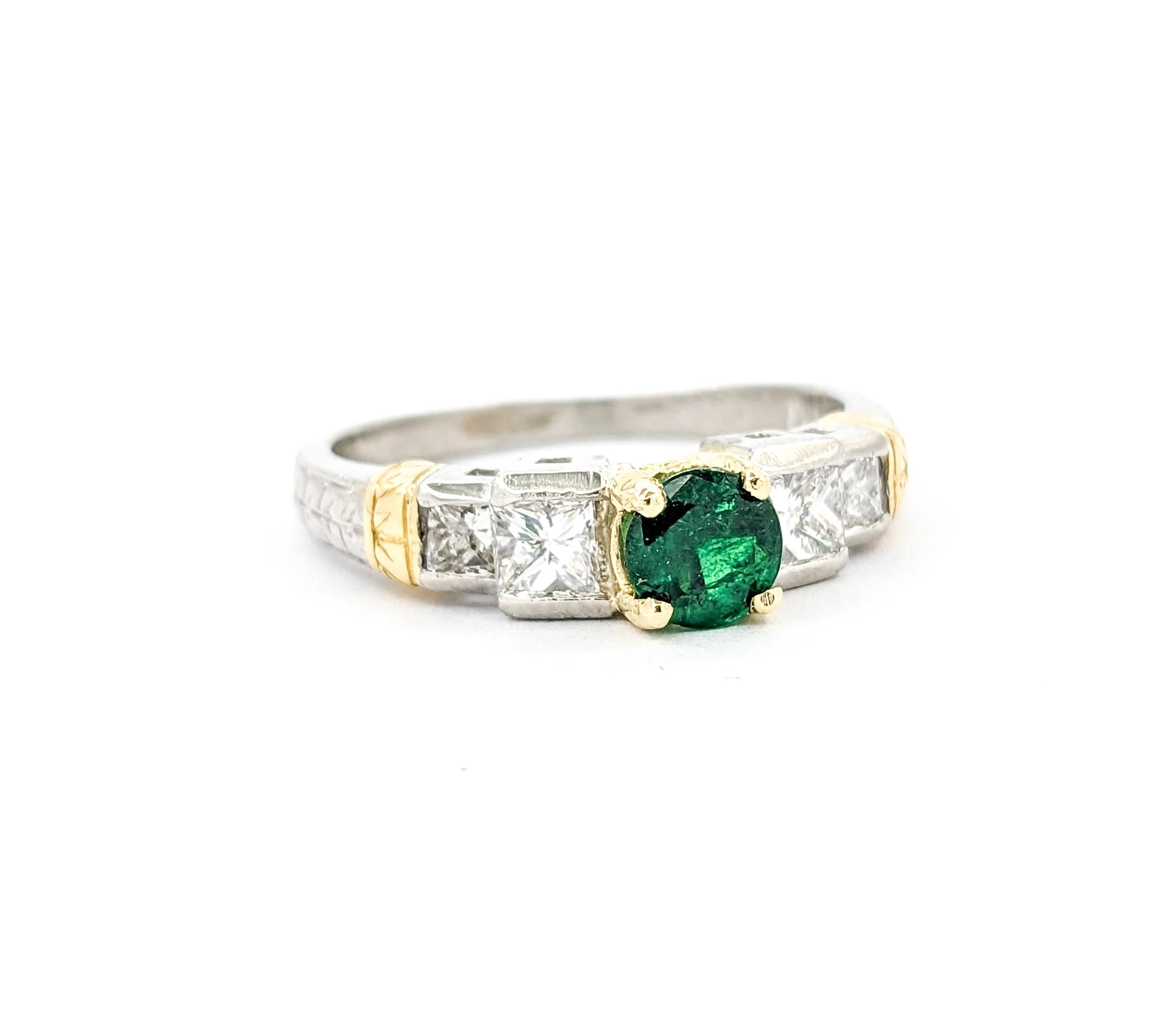 Women's Emerald & Diamond Ring in 18kt Yellow Gold & Platinum For Sale