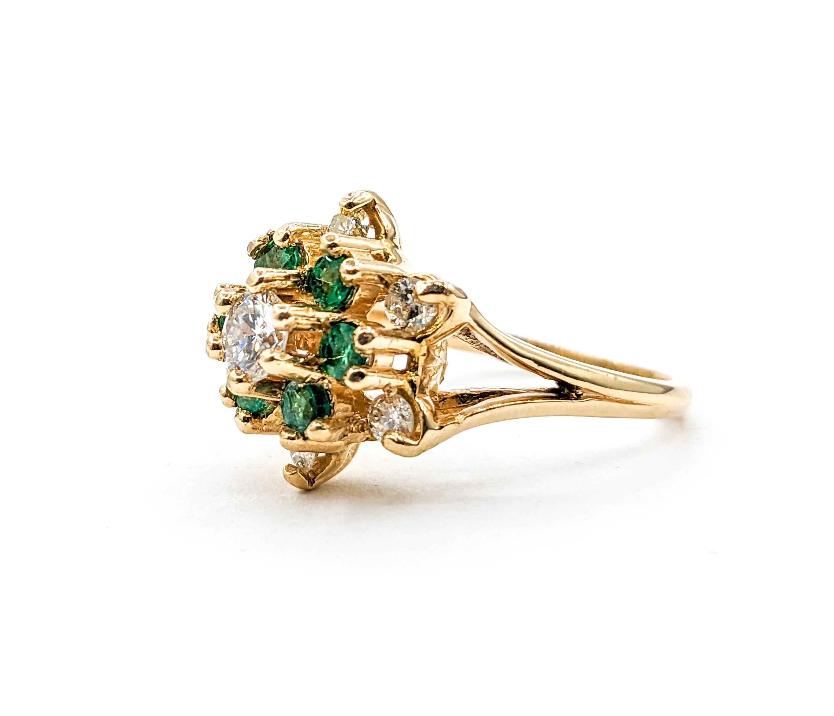 Vintage Emerald & Diamond Star Cluster Ring In Yellow Gold

Discover the charm of this beautiful Emerald and Diamond Cluster Ring, exquisitely crafted in 14k yellow gold. This ring boasts a beautiful floral design, set with .40ctw of vibrant