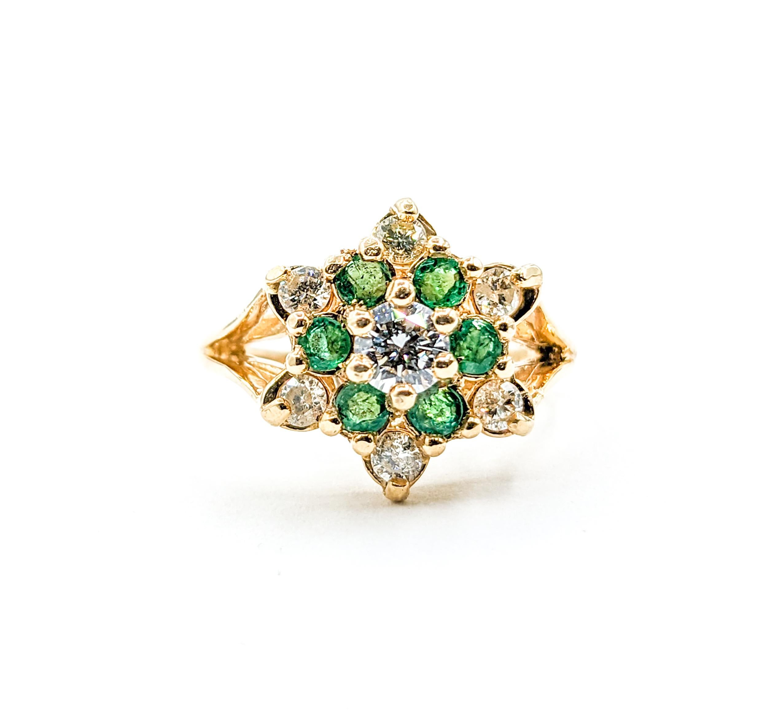 Modern Vintage Emerald & Diamond Star Cluster Ring In Yellow Gold For Sale