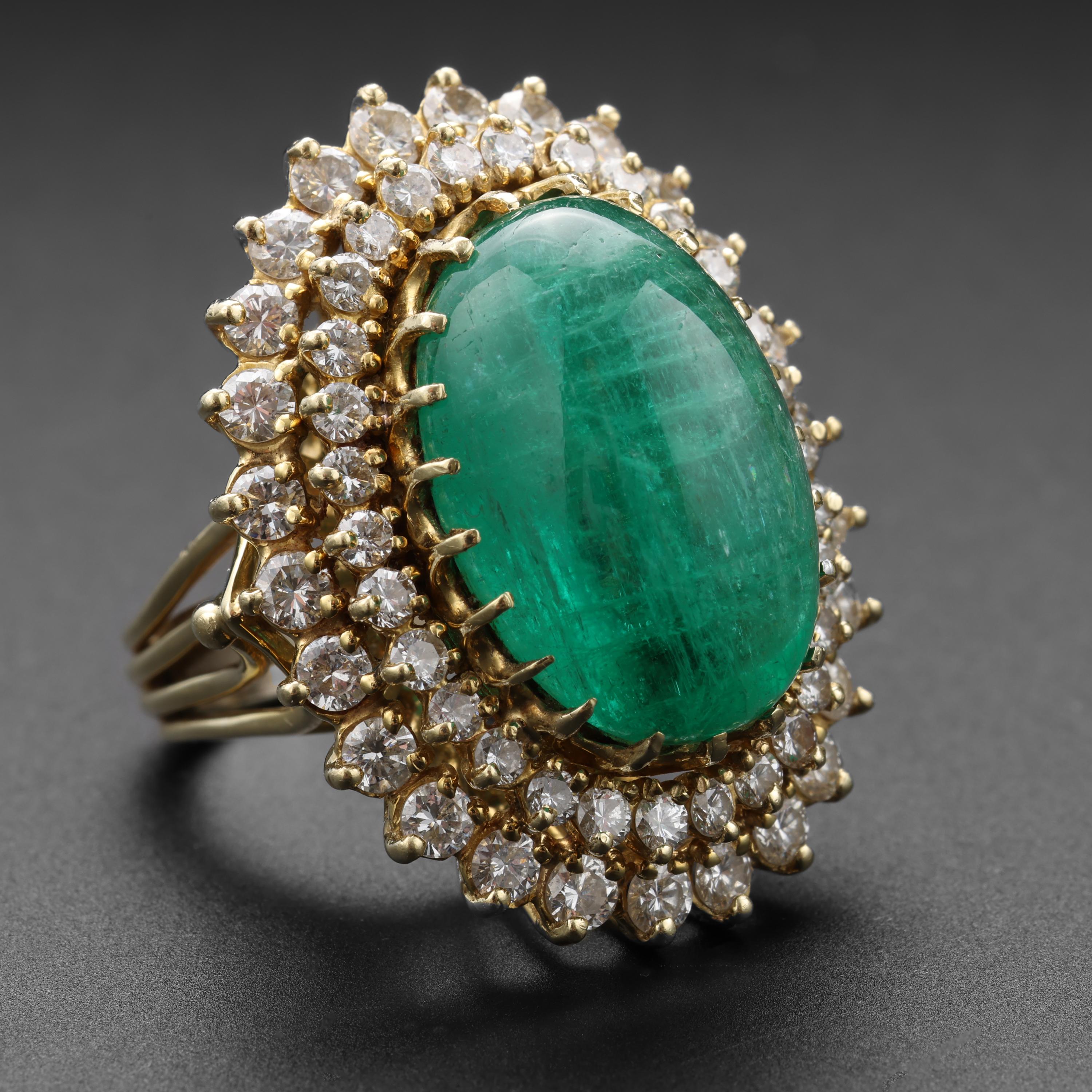 Cabochon Emerald & Diamond Ring Midcentury GIA Certified Russian 20.5 Carats For Sale
