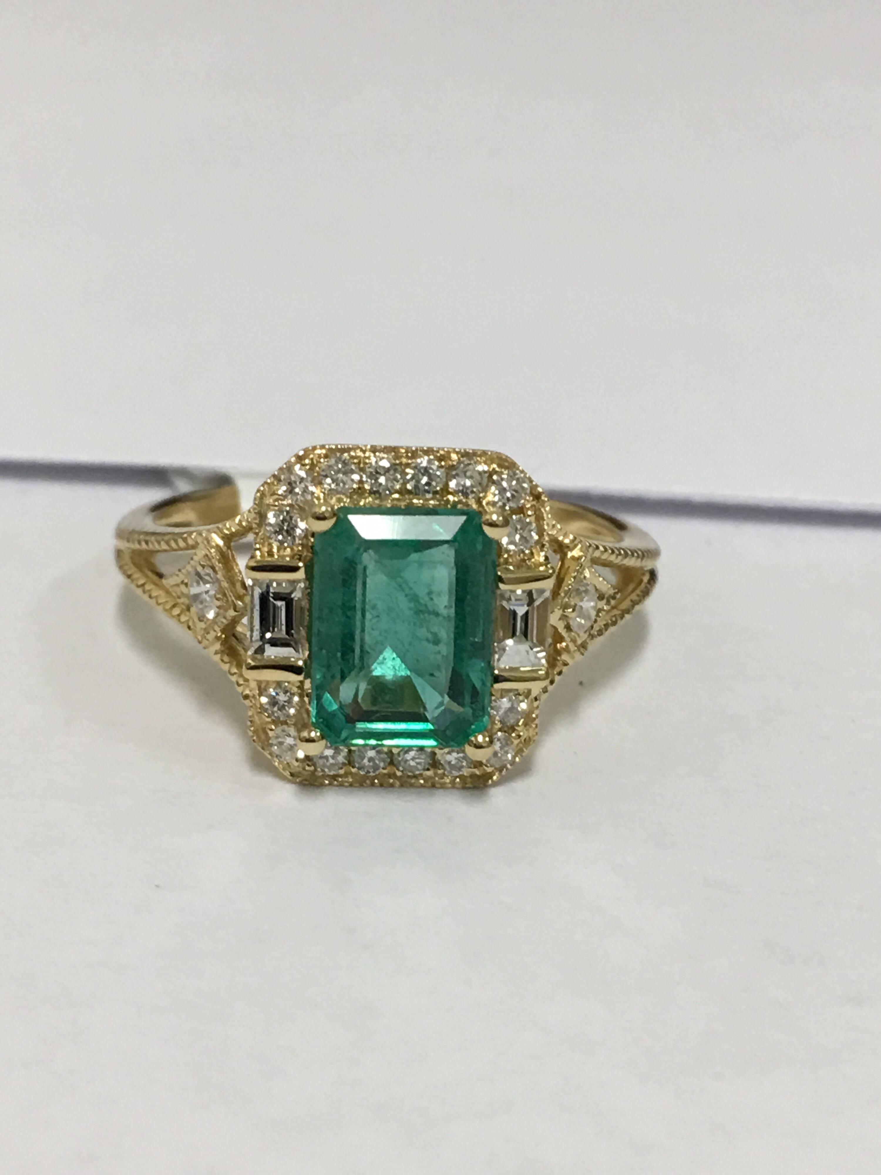 Artisan Emerald Diamond Ring Set in 18 Karat Yellow Gold