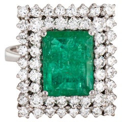 Emerald Diamond Ring Square Cocktail Vintage 18k White Gold Sz 7.5 Fine Jewelry
