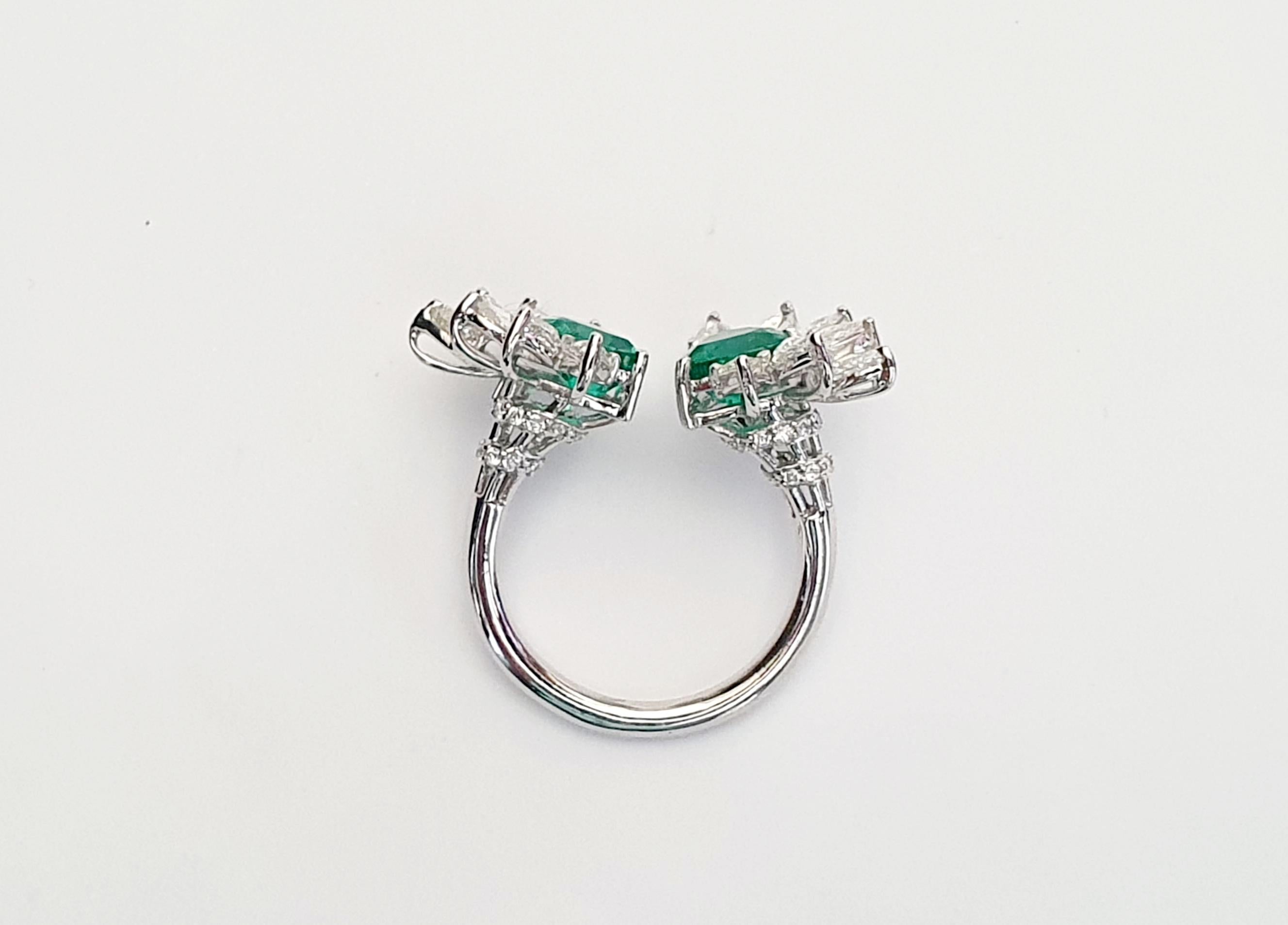 Trillion Cut Emerald & Diamond Ring Studded in 18k White Gold For Sale