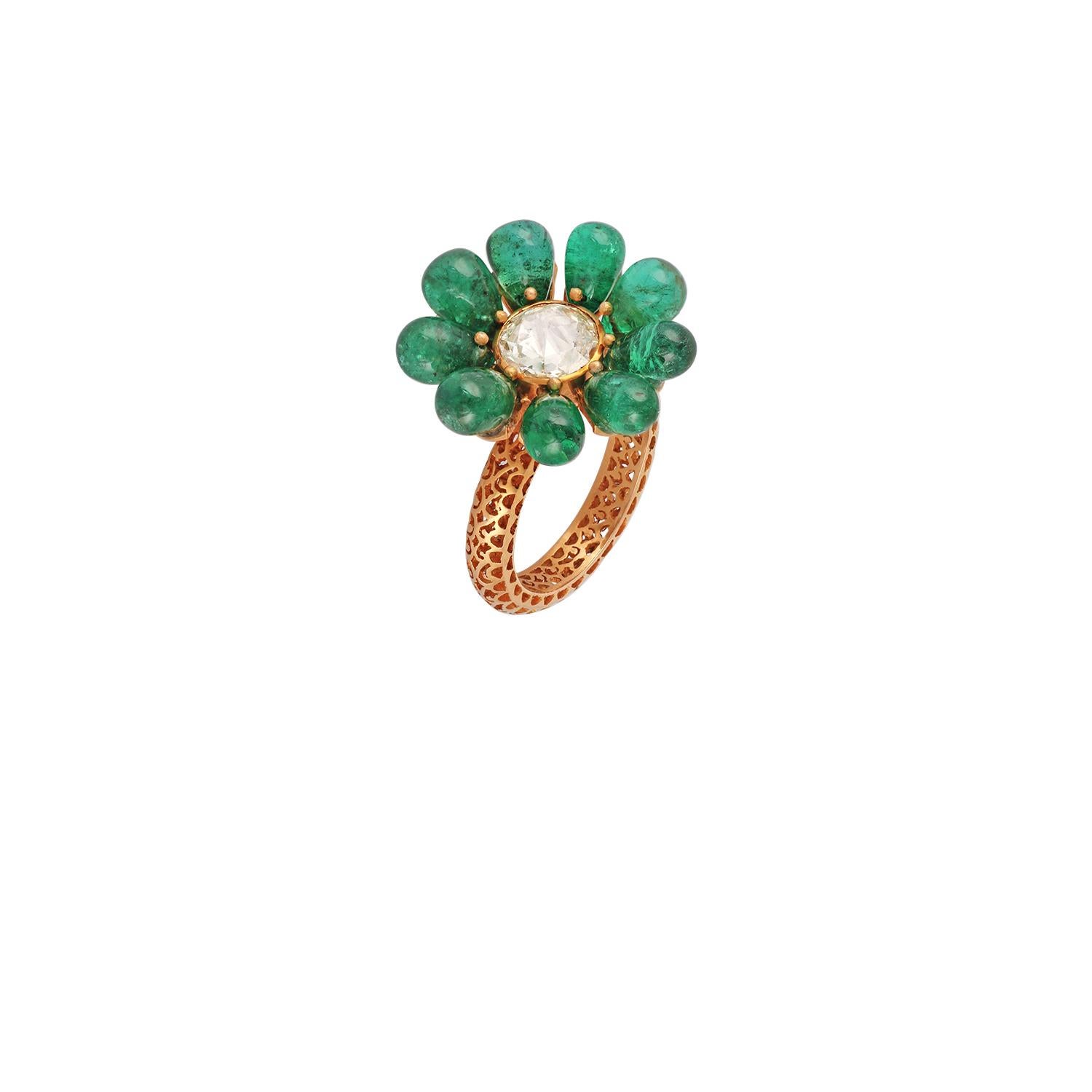 Contemporary Emerald and Diamond Ring Studded in 18 Karat Yellow Gold