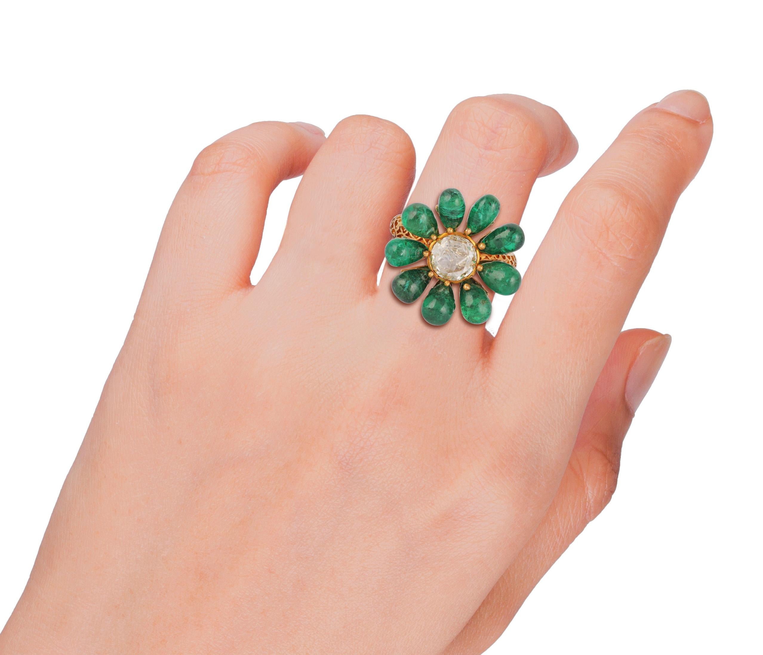 Cabochon Emerald and Diamond Ring Studded in 18 Karat Yellow Gold