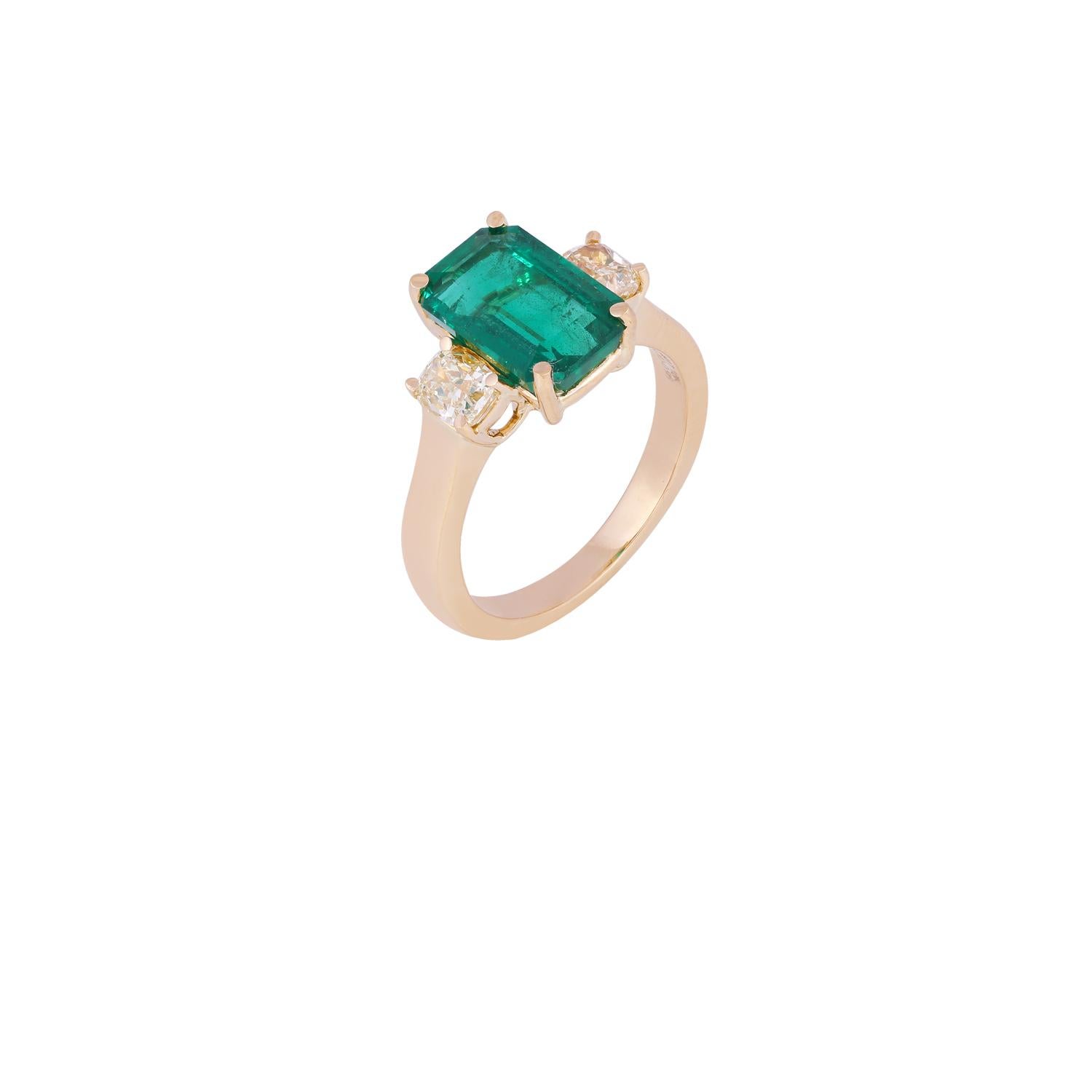Octagon Cut Emerald and Diamond Ring Studded in 18 Karat Yellow Gold For Sale