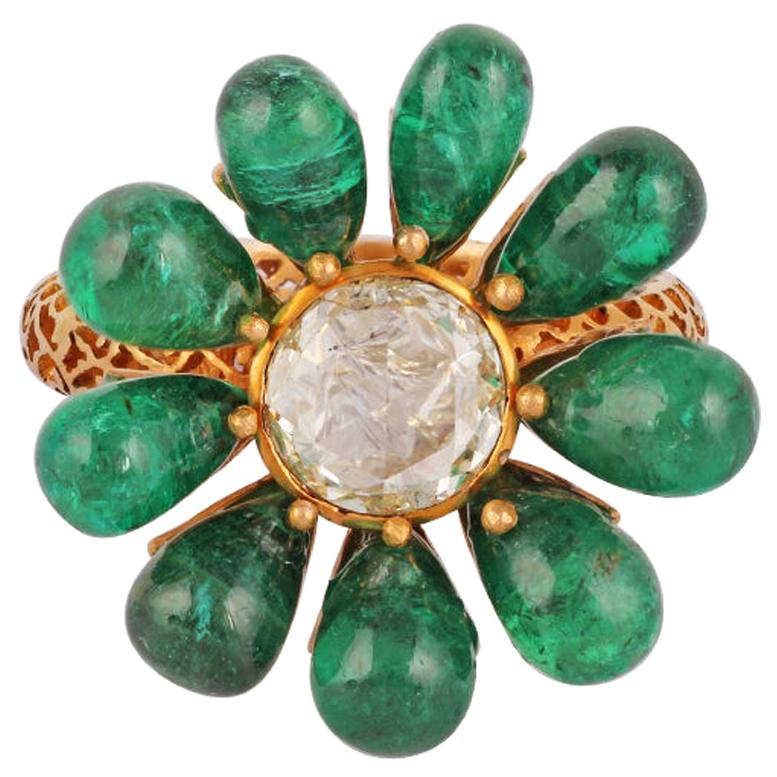 Emerald and Diamond Ring Studded in 18 Karat Yellow Gold