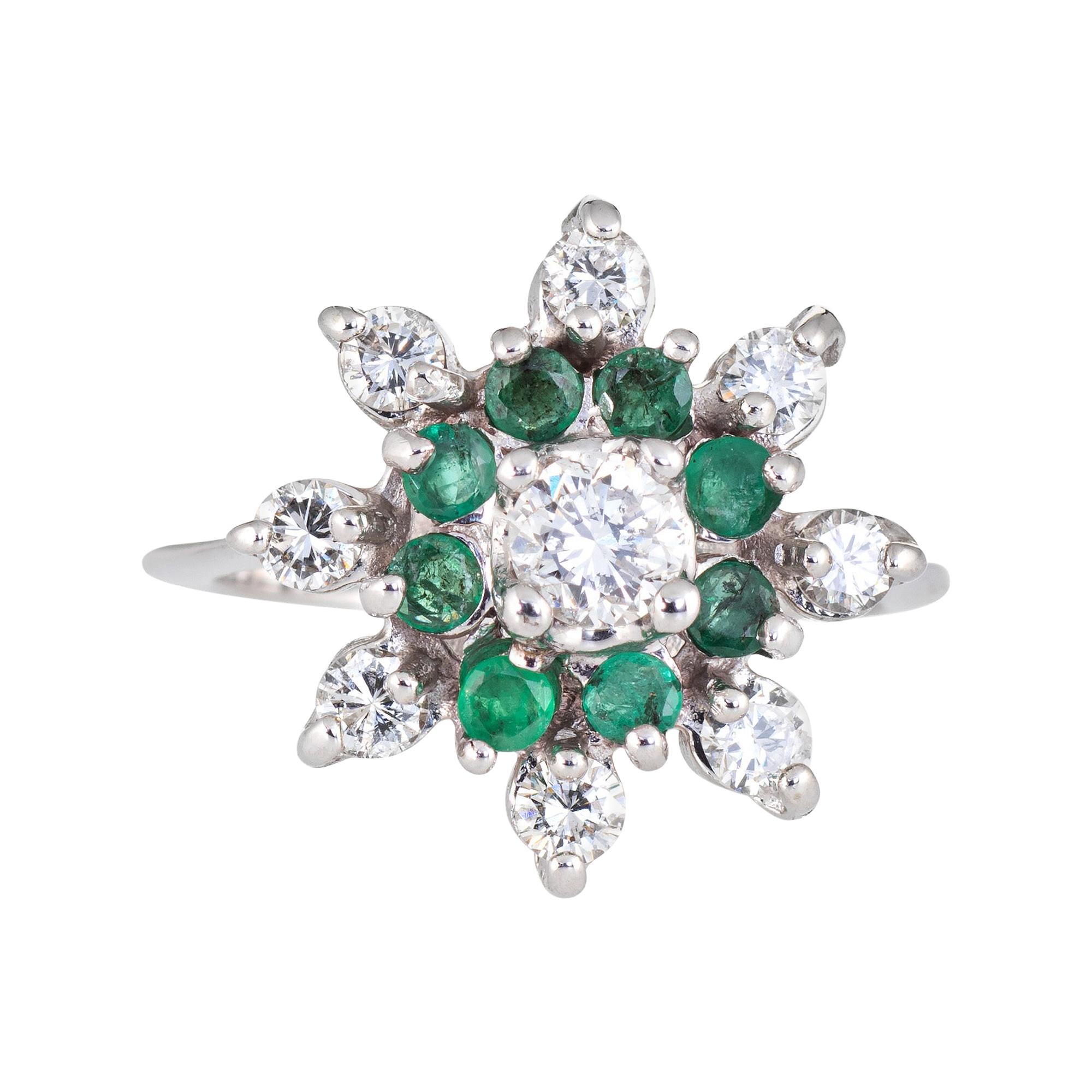 Emerald Diamond Ring Vintage 14 Karat Gold Round Cocktail Ring Cluster Jewelry