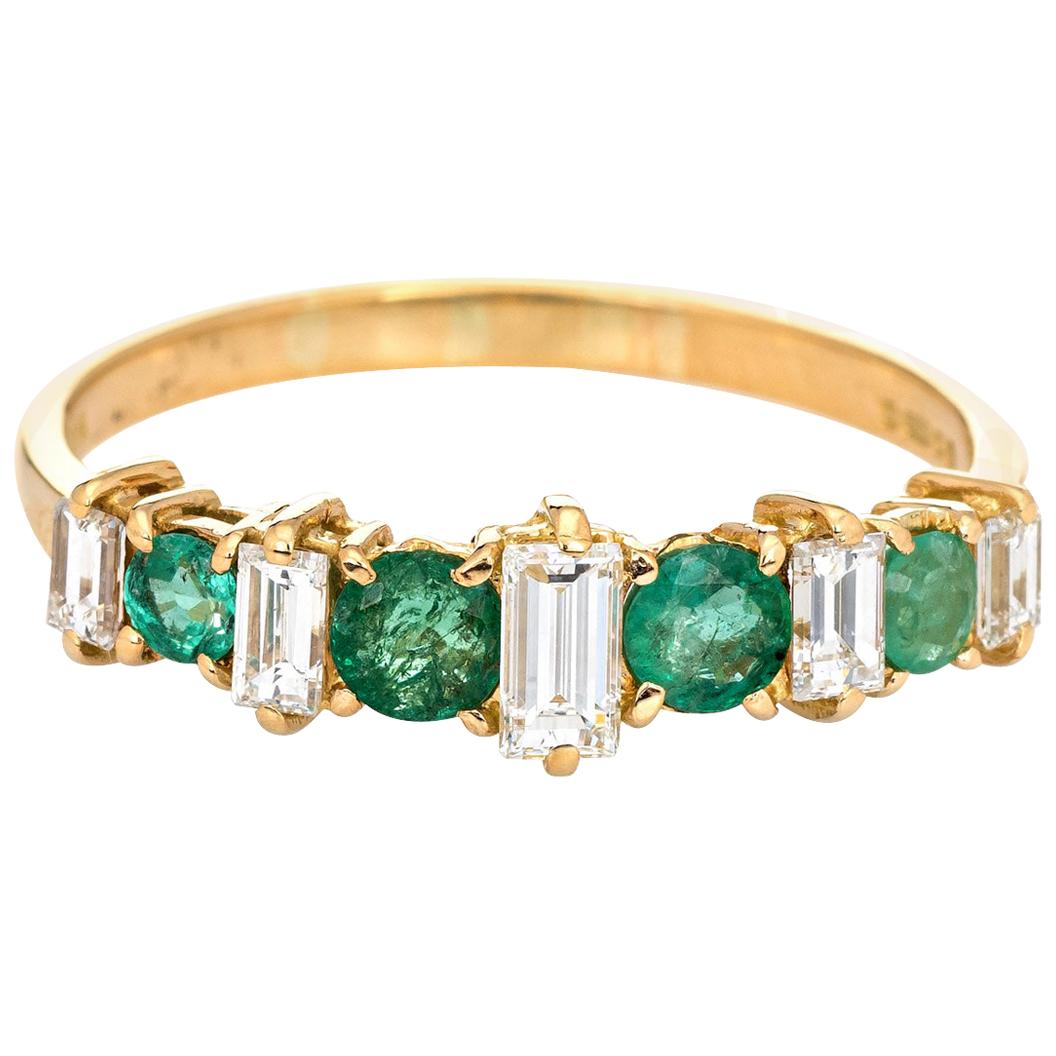 Emerald Diamond Ring Vintage 18 Karat Yellow Gold Wedding Band Estate Jewelry