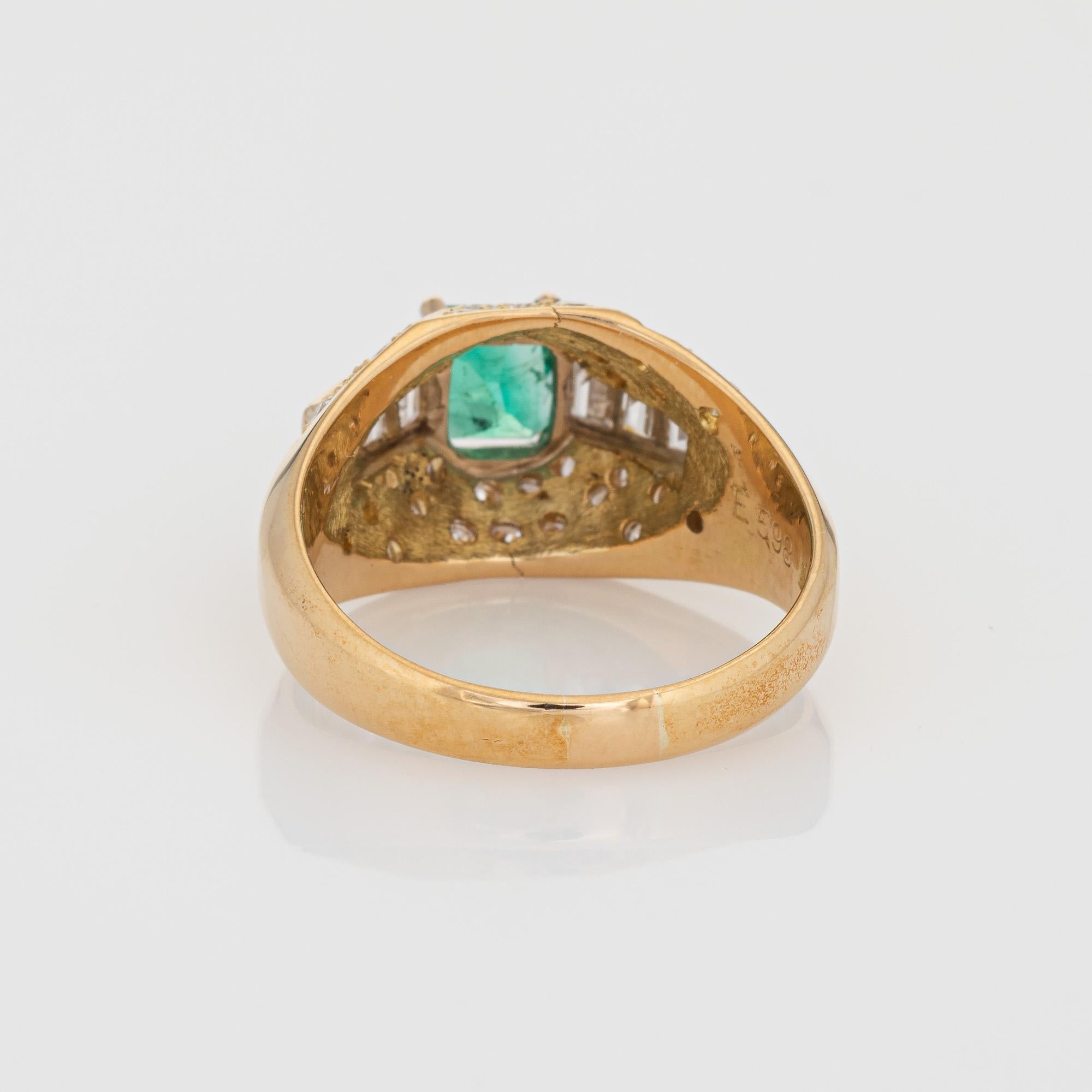 Emerald Diamond Ring Vintage 18k Yellow Gold Dome Gemstone Engagement In Good Condition For Sale In Torrance, CA