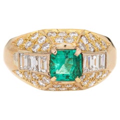 Emerald Diamond Ring Retro 18k Yellow Gold Dome Gemstone Engagement