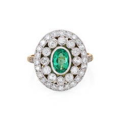 Emerald Diamond Ring Vintage 18k Yellow Gold Oval Gemstone Engagement