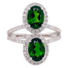 Emerald Diamond Ring, White Gold, 2.60 Ct Emerald, 70 Diamonds 2 Gemstones